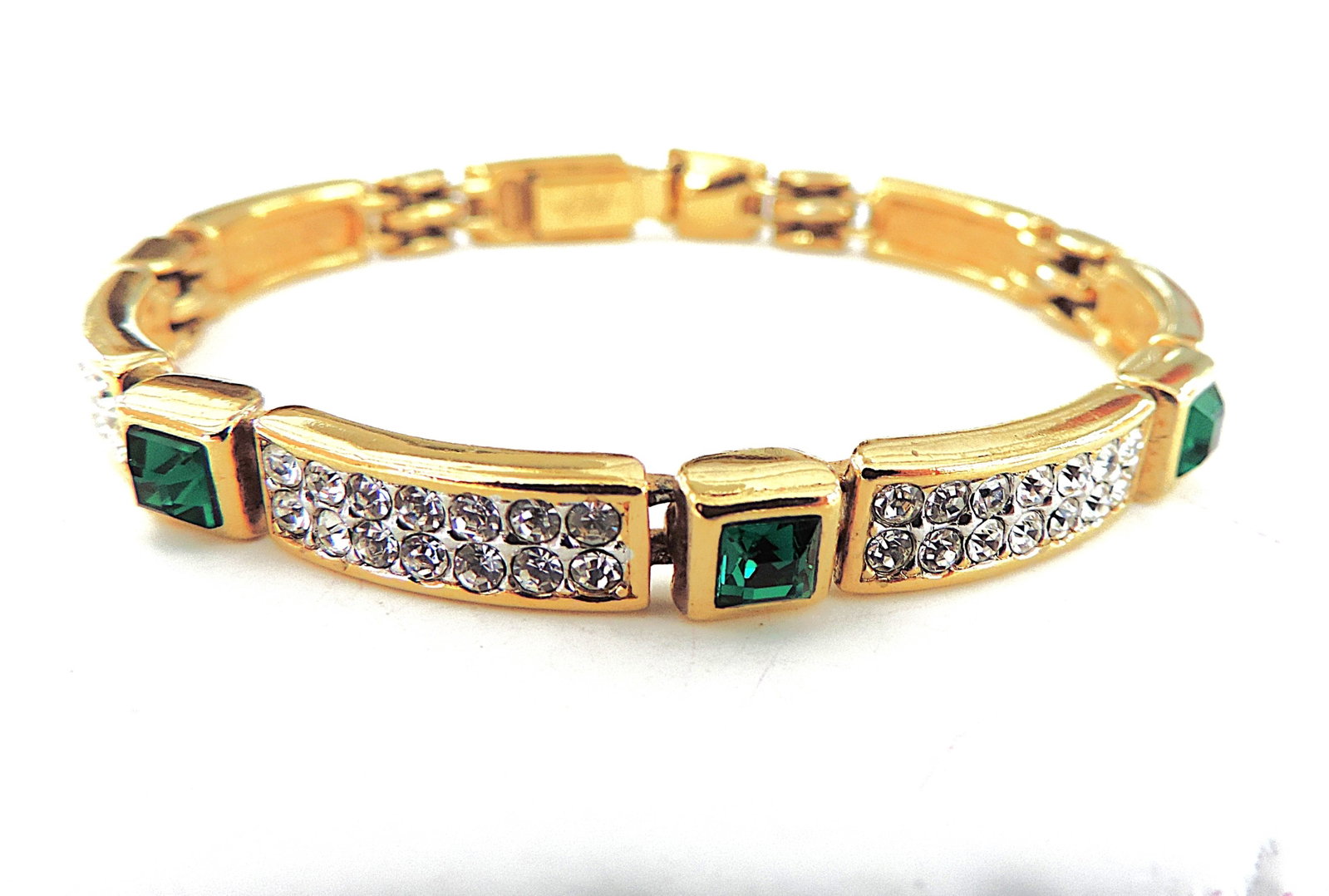 Vintage Attwood & Sawyer 22ct Gold Plated Emerald Green & White Crystal Bracelet c.1980's - 6
