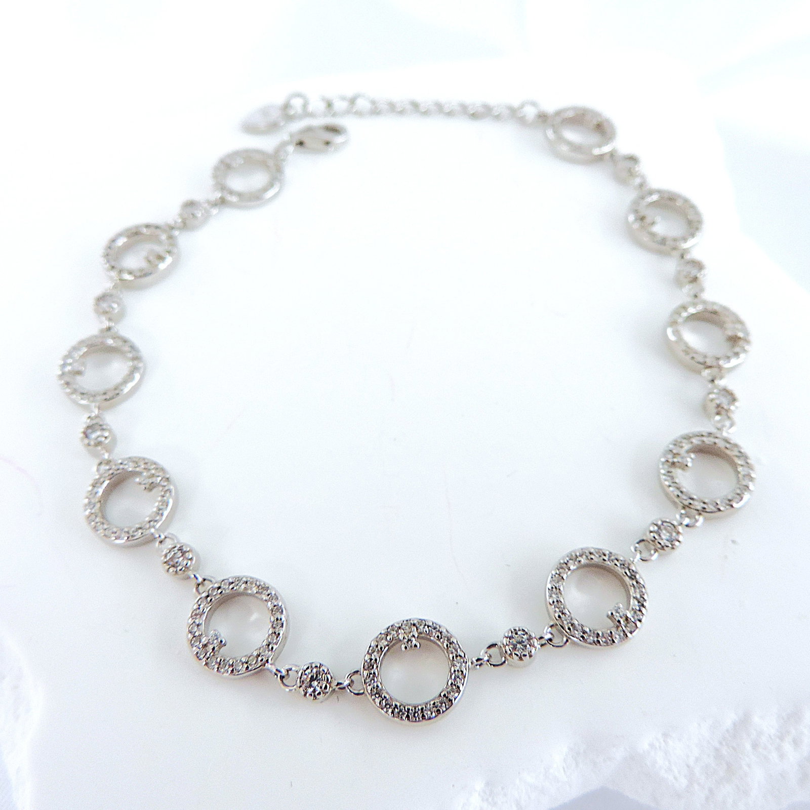 925 Silver White Zircon Gemstone Open Circles Bracelet 'New' - 2