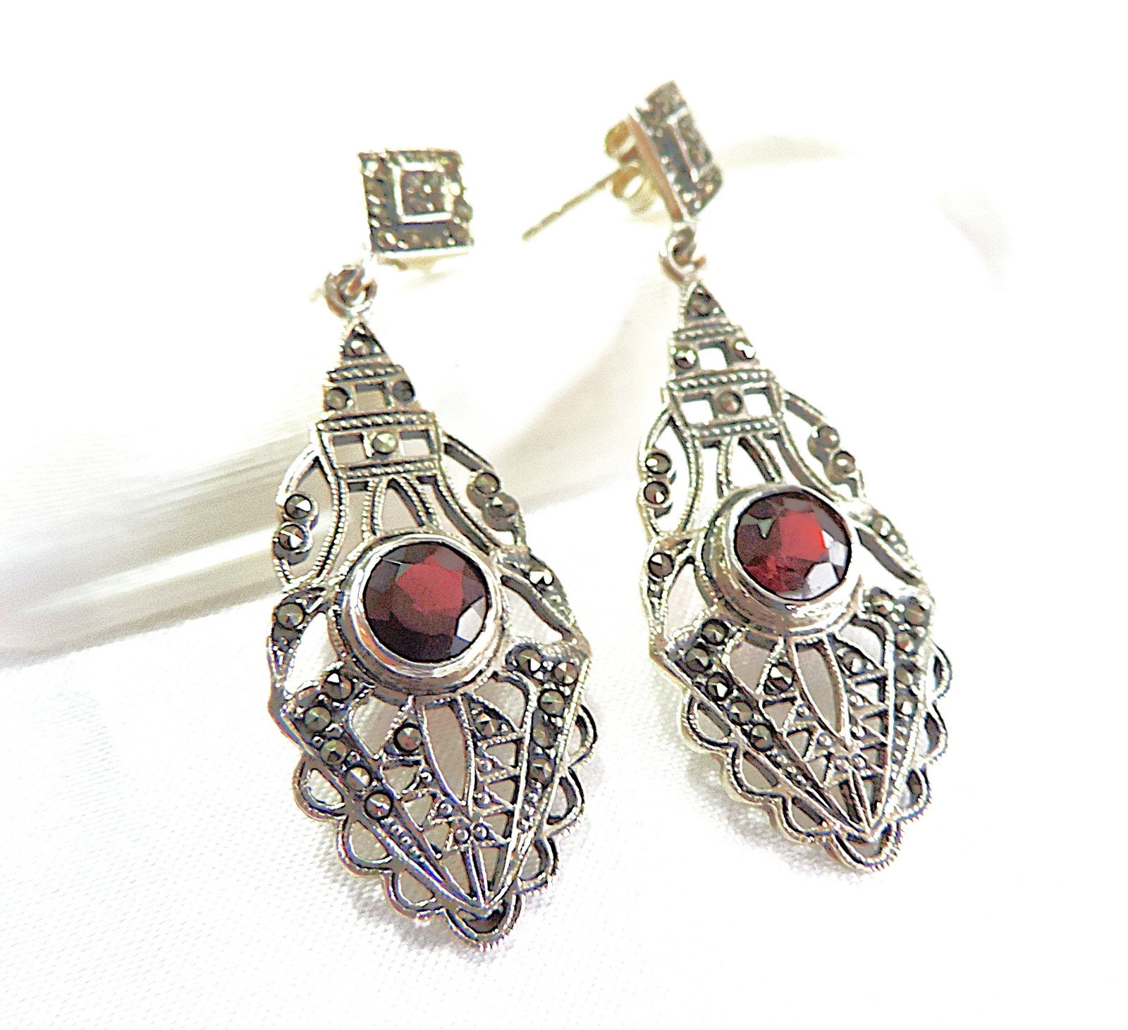 Vintage Art Deco 925 Silver Garnet & Marcasite Drop Earrings - 3
