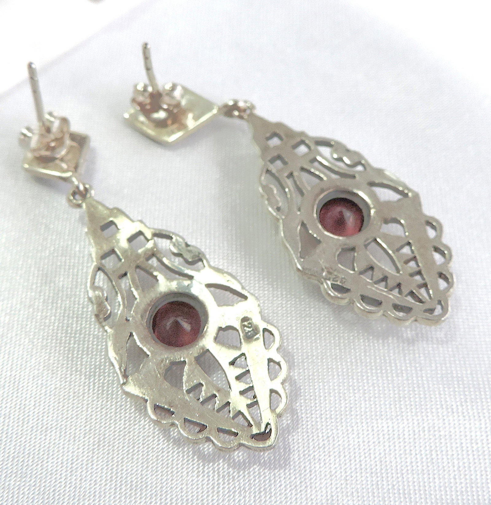 Vintage Art Deco 925 Silver Garnet & Marcasite Drop Earrings - 4