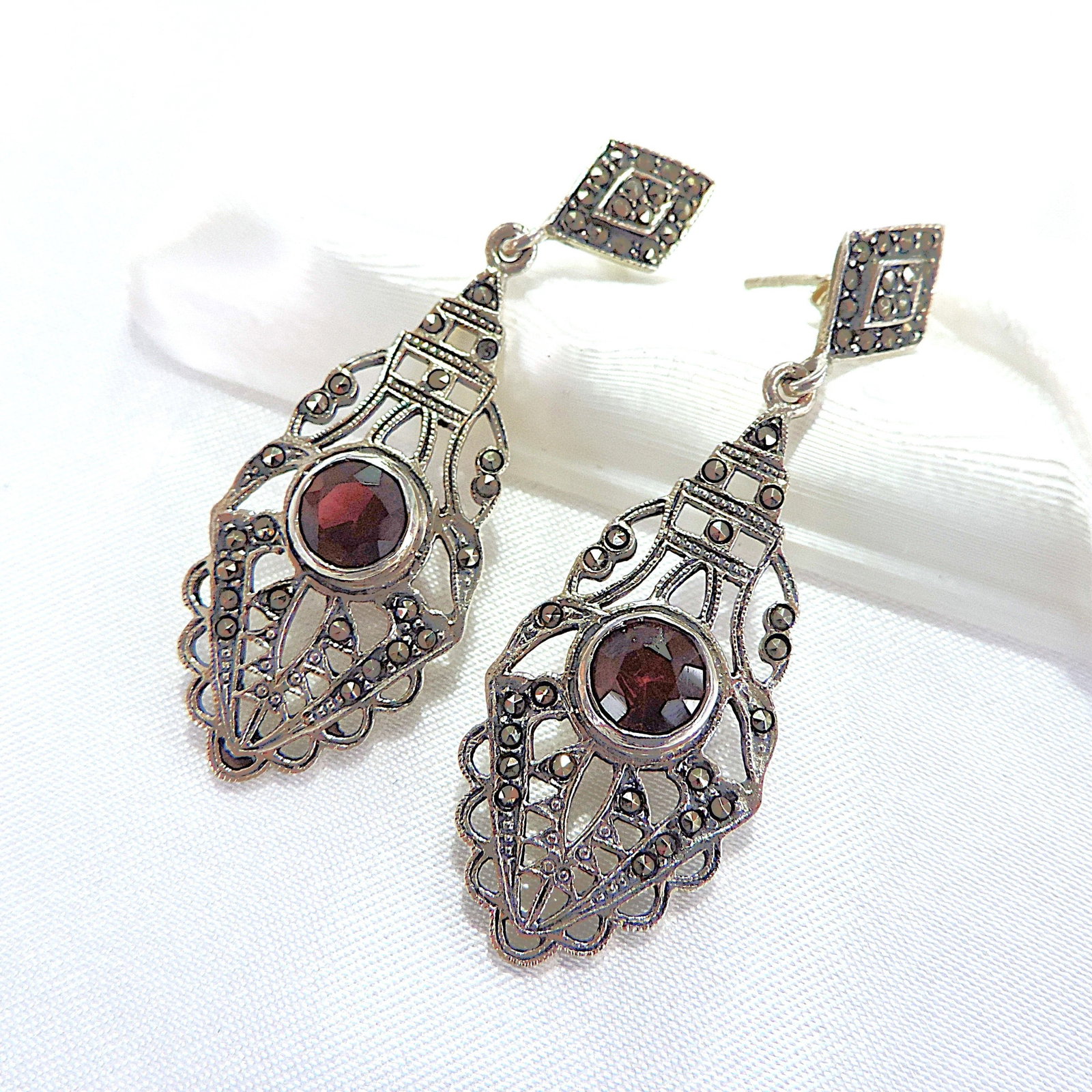 Vintage Art Deco 925 Silver Garnet & Marcasite Drop Earrings - 5
