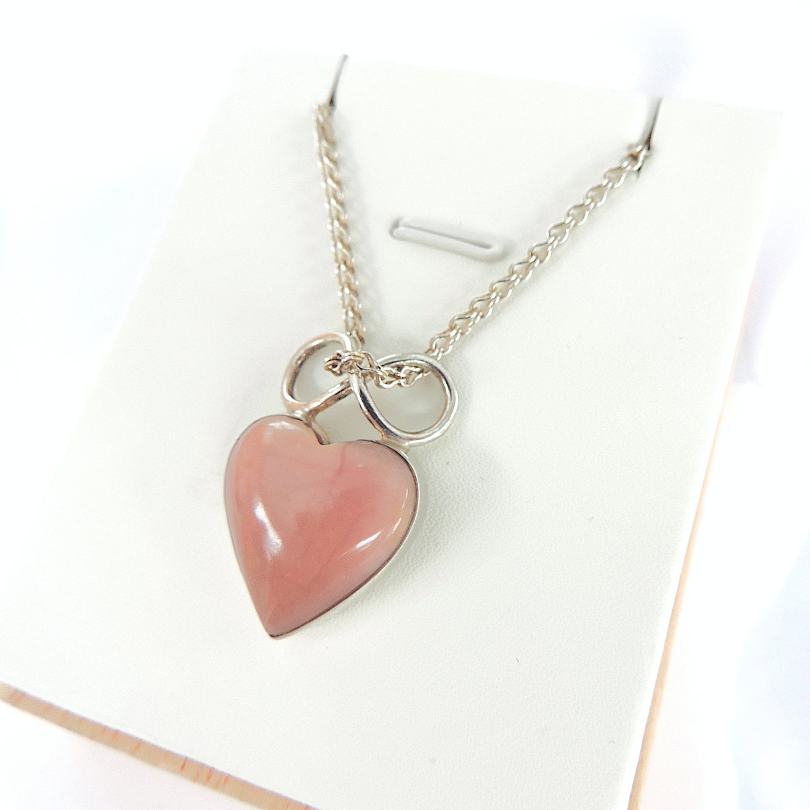 925 Silver Pink Coral Cabochon Heart Gemstone Necklace - 3
