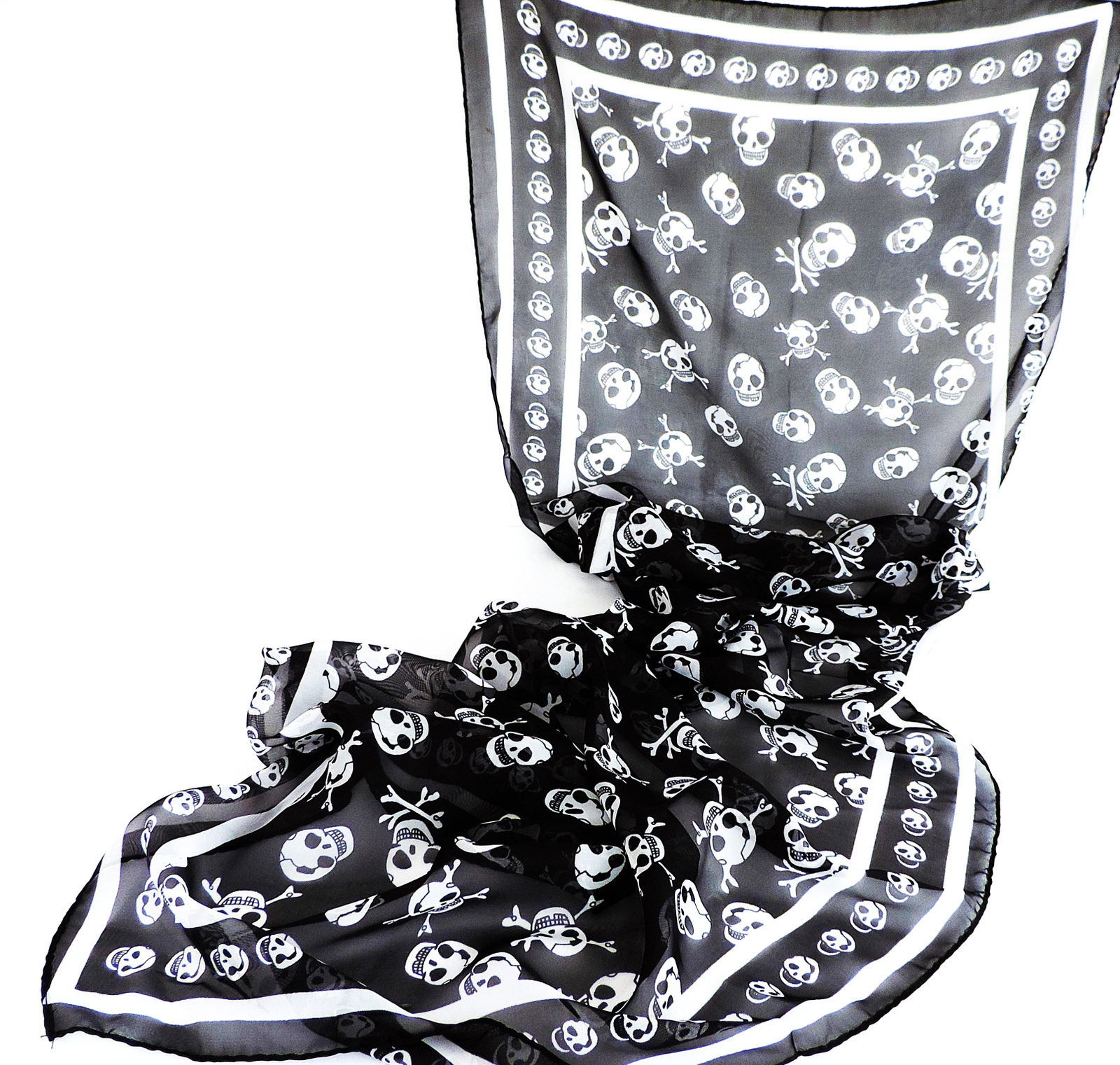 Black & White Chiffon Skull Print Scarf 142x45cm: Title: Black & White Chiffon Skull Print Scarf 142x45cm Description: A chiffon skull print scarf scarf black background with white skulls measuring 142x45cm. Conditi