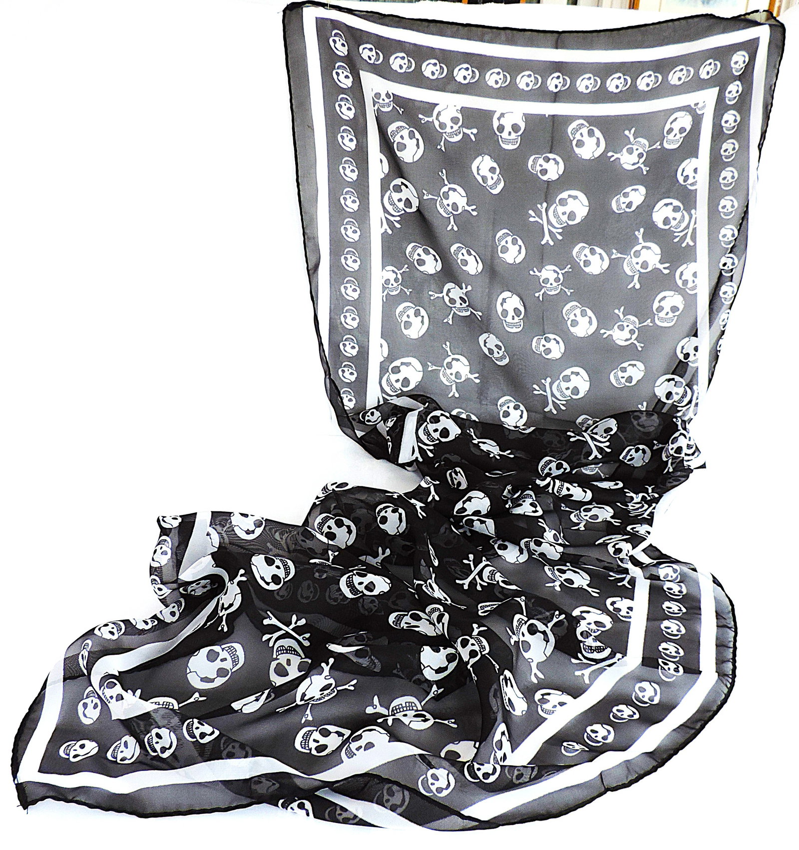Black & White Chiffon Skull Print Scarf 142x45cm - 2