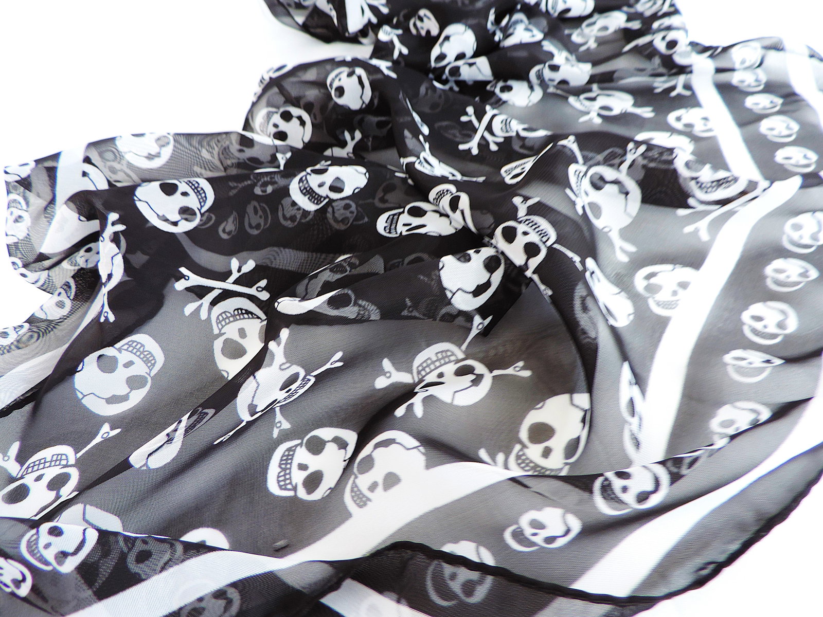 Black & White Chiffon Skull Print Scarf 142x45cm - 3