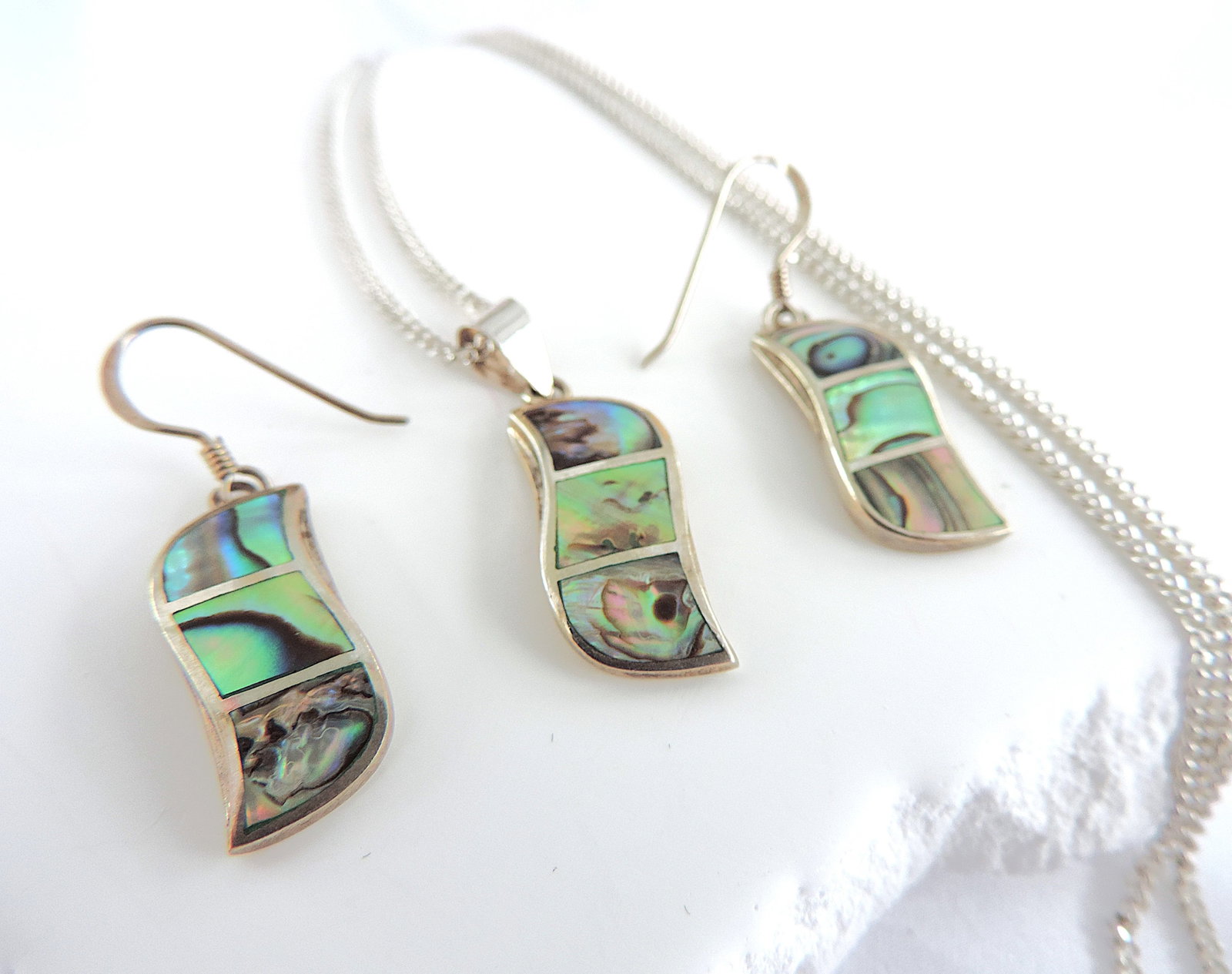 925 Silver Abalone Shell Necklace & Earrings Set 'New' - 3