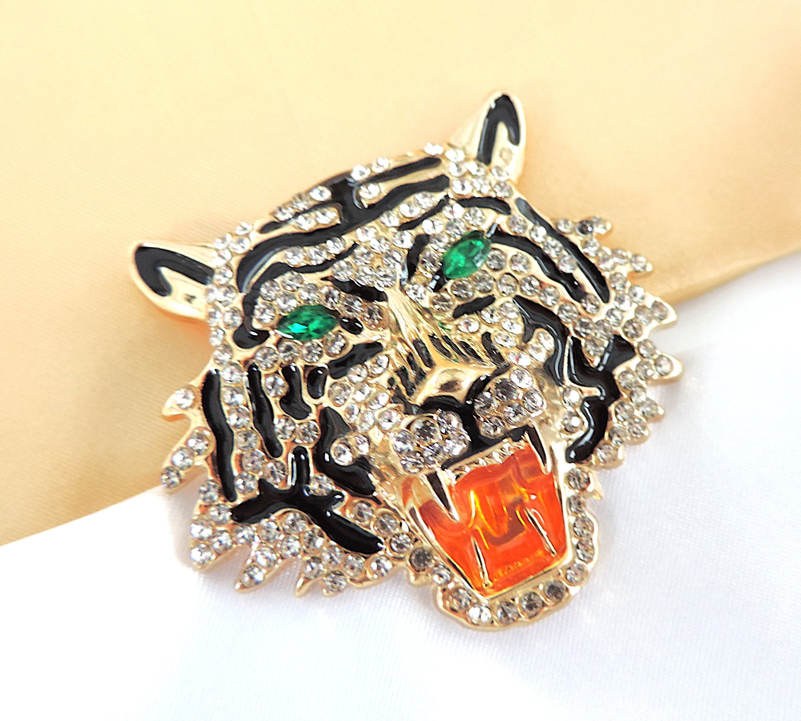 Crystal & Enamel Tigers Head Brooch 5cmx5cm - 4