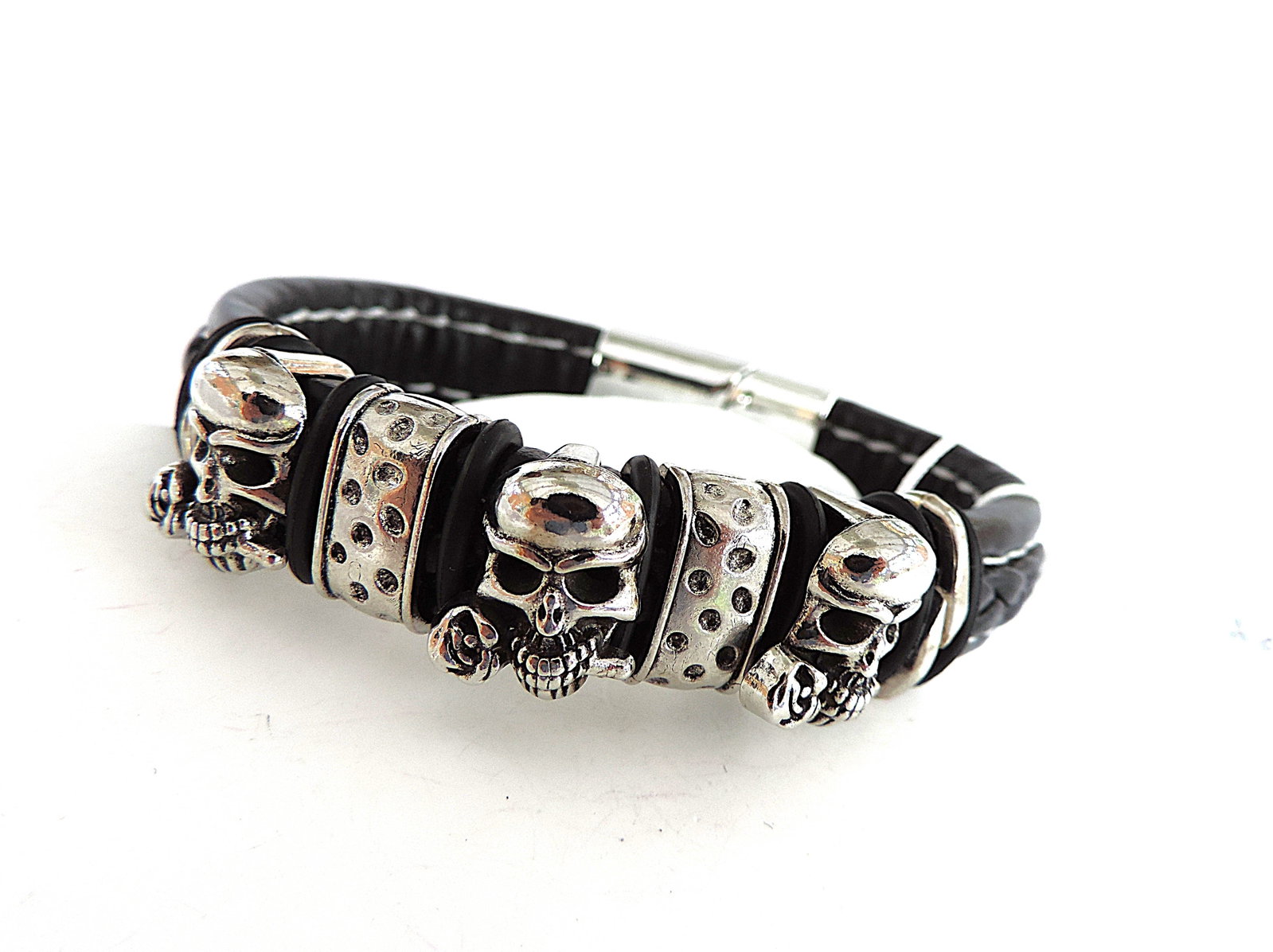 Aethon Black Leather Pirate Skulls Bracelet 'New' - 5