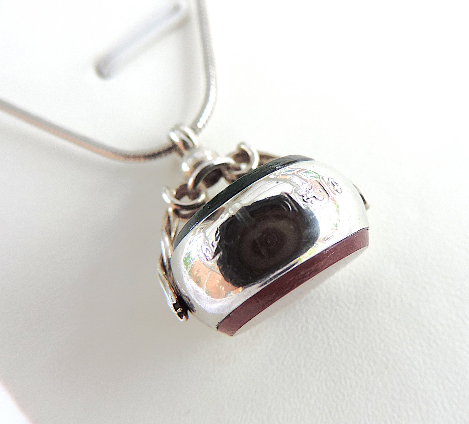 Vintage 925 Sterling Silver Carnelian & Bloodstone Swivel Fob & Chain - 3