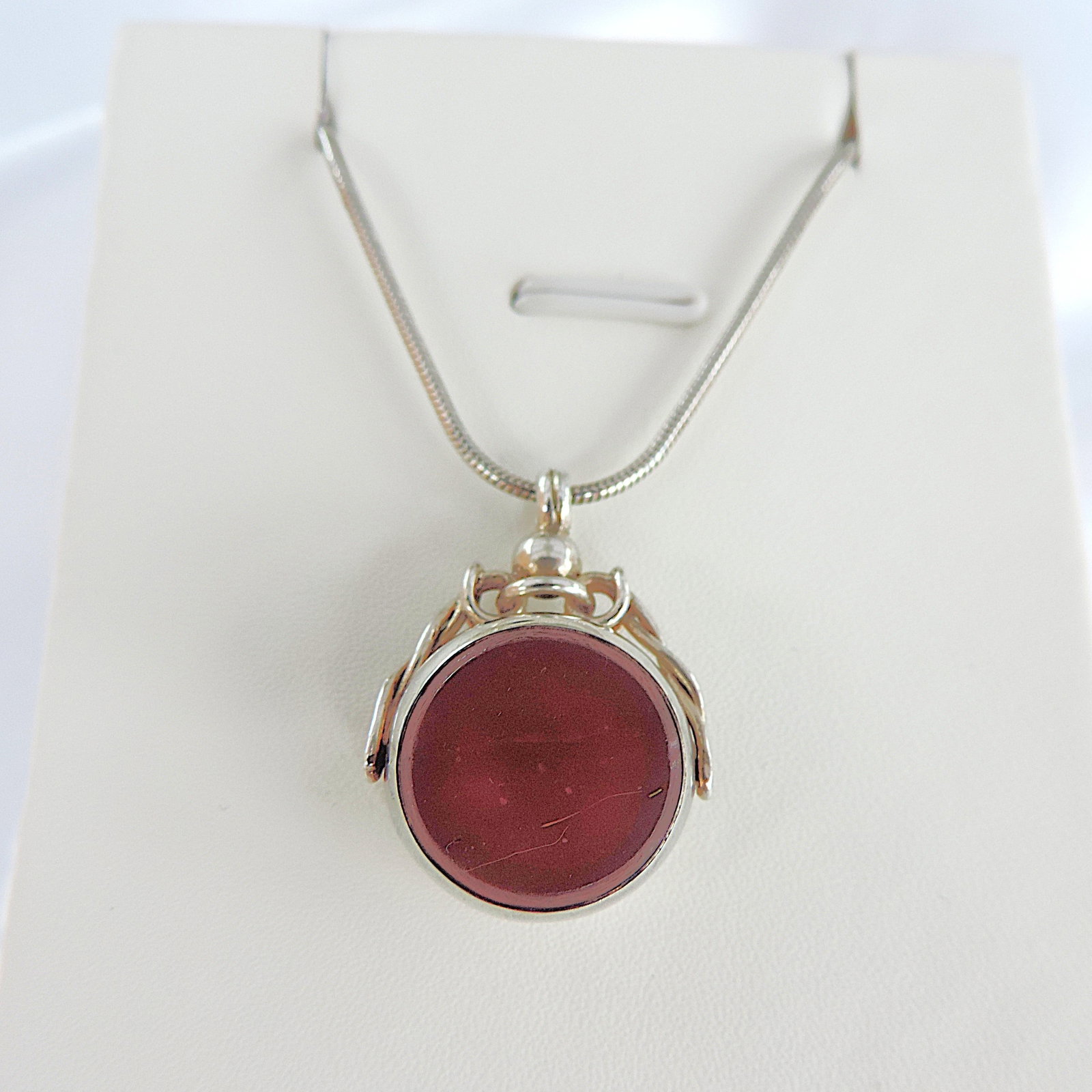 Vintage 925 Sterling Silver Carnelian & Bloodstone Swivel Fob & Chain - 4