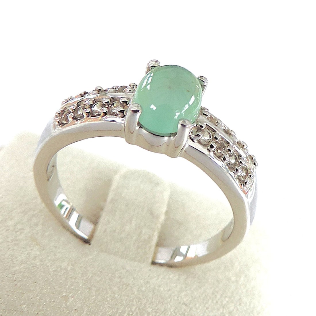 925 Silver Oval Cabochon Natural Green Prehnite & Topaz Ring 'New' - 2