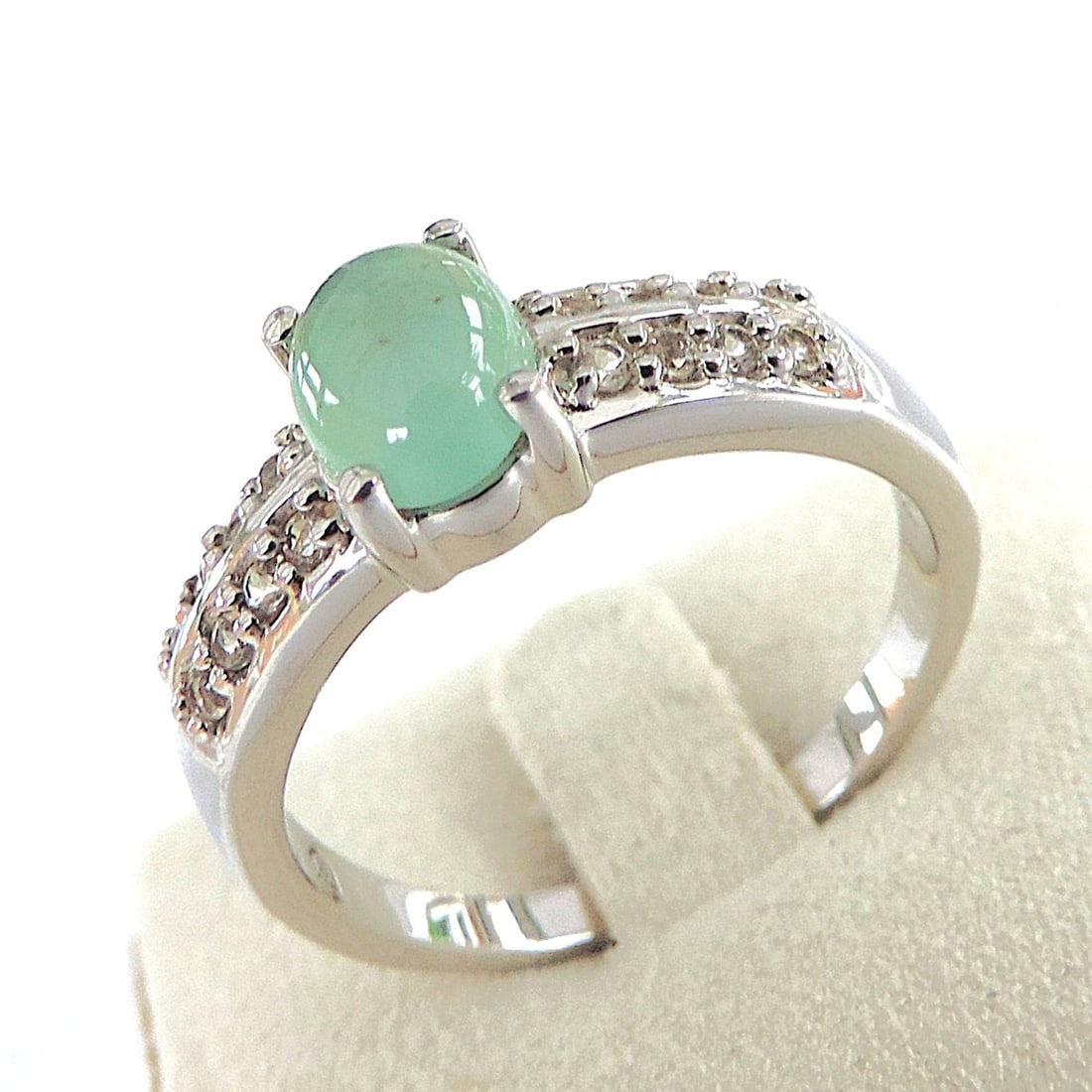 925 Silver Oval Cabochon Natural Green Prehnite & Topaz Ring 'New' - 3
