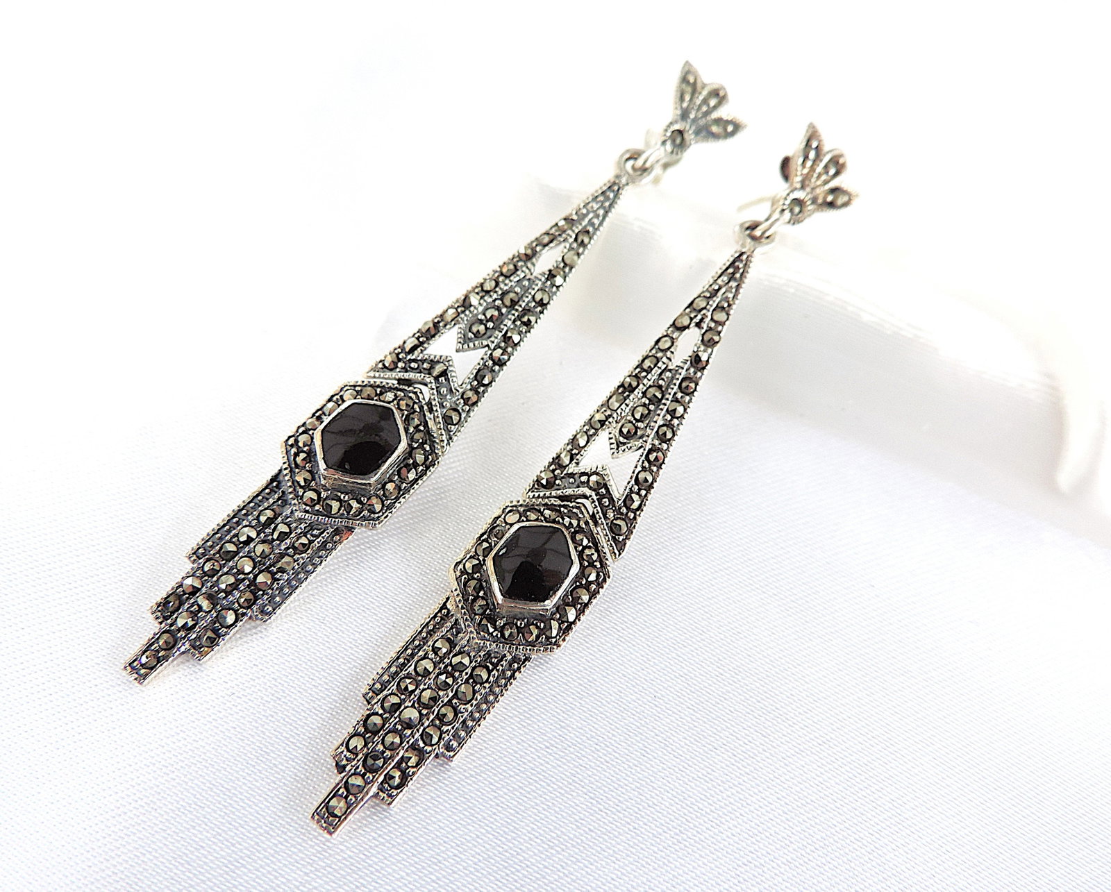 Vintage Art Deco Sterling Silver Jet & Marcasite Drop Earrings - 2