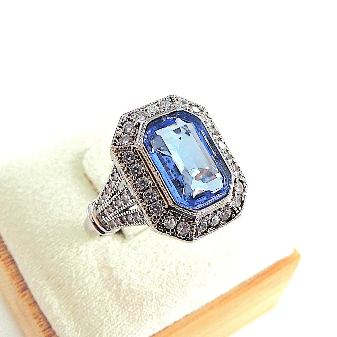 Art Deco Style Blue & White Zircon Cocktail Ring - 2