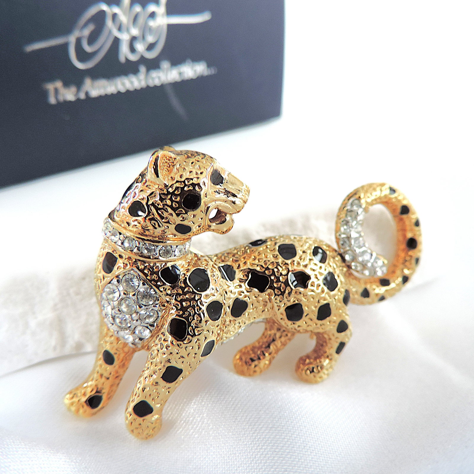 Vintage Attwood & Sawyer 22K Gold Plated Swarovski Crystal Leopard Brooch - 2