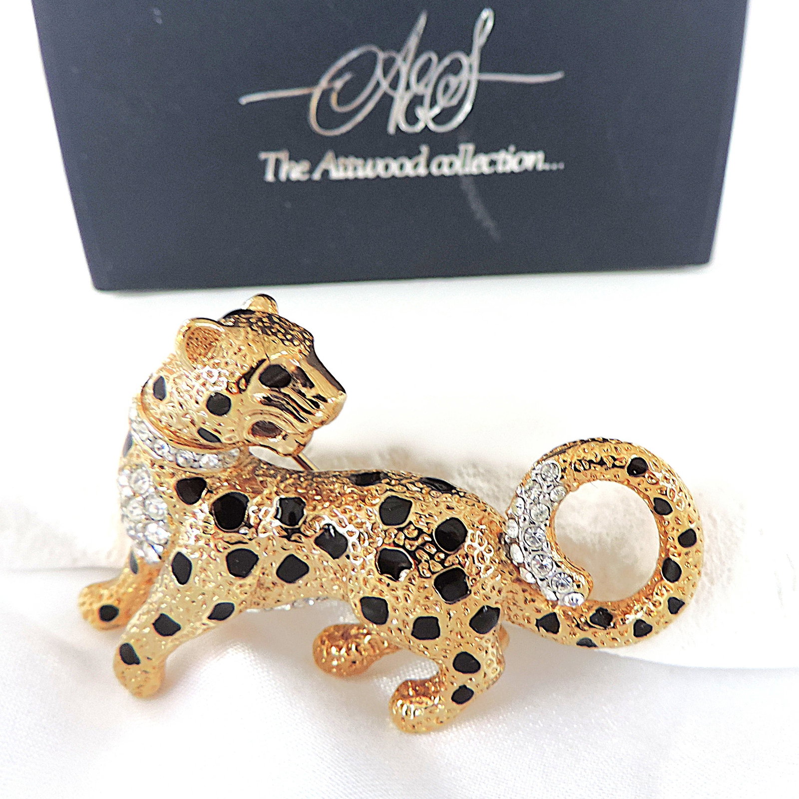 Vintage Attwood & Sawyer 22K Gold Plated Swarovski Crystal Leopard Brooch - 3