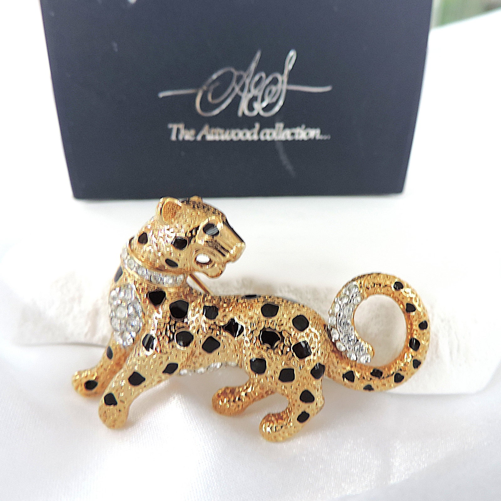 Vintage Attwood & Sawyer 22K Gold Plated Swarovski Crystal Leopard Brooch - 7