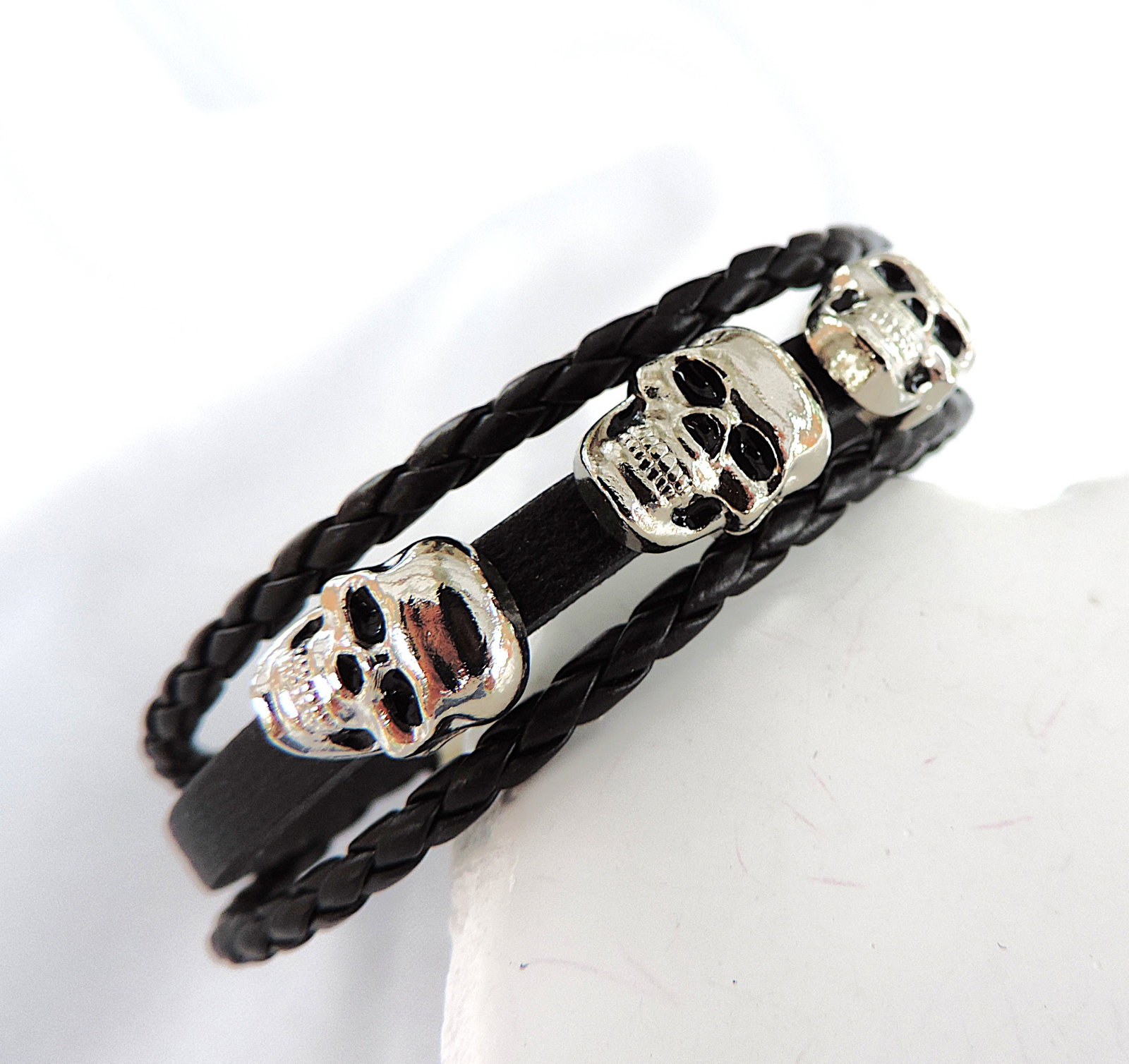 Aethon Men's Leather Braided Triple Skull Bracelet 'New' - 2