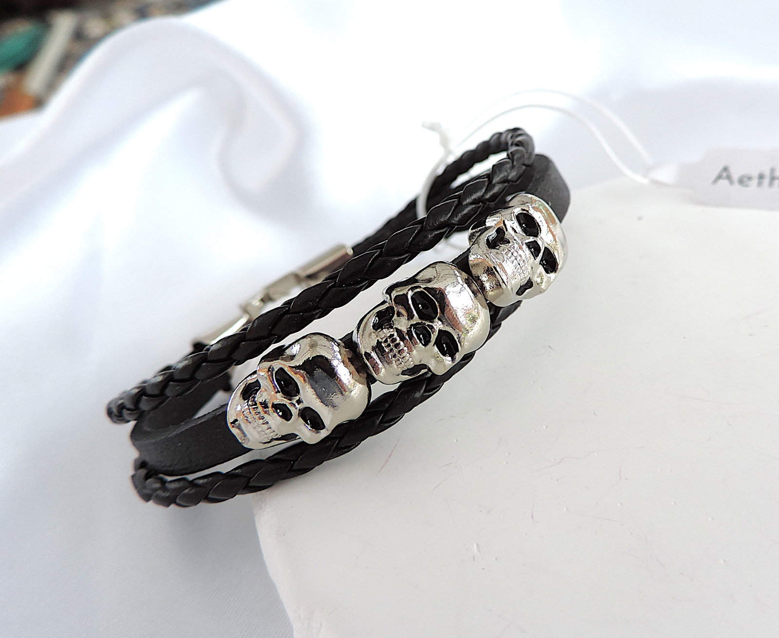Aethon Men's Leather Braided Triple Skull Bracelet 'New' - 3