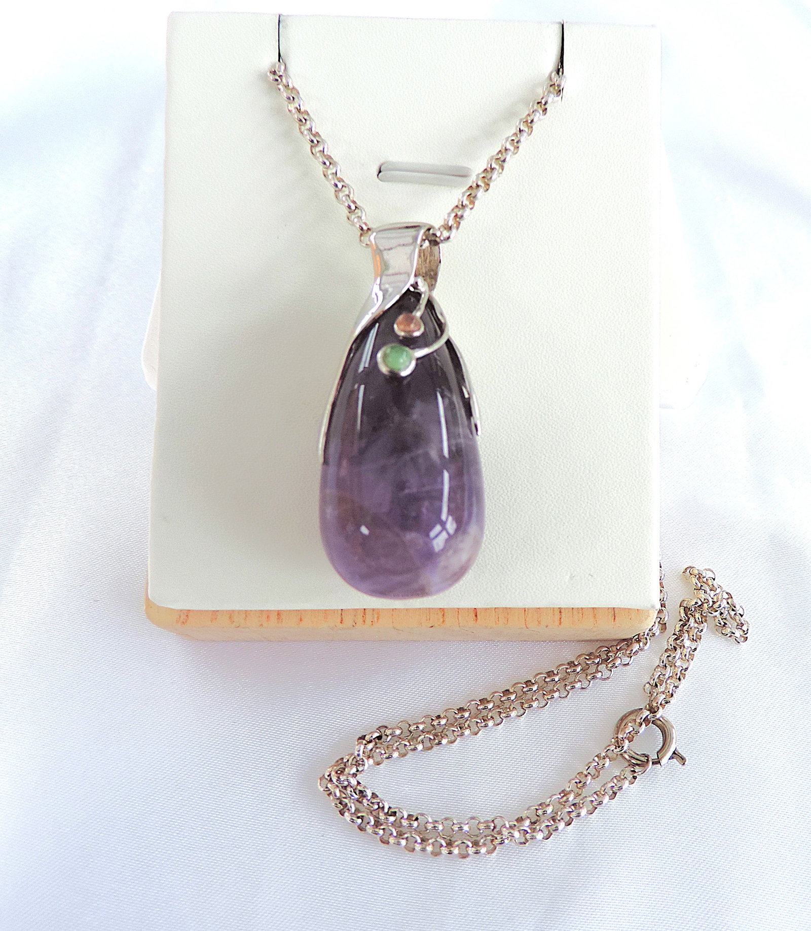 925 Silver Polished Amethyst Gemstone Pendant Necklace 'New' - 2