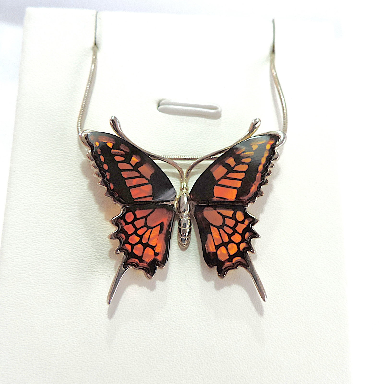 925 Silver Hand Carved Amber Butterfly Pendant Necklace - 2
