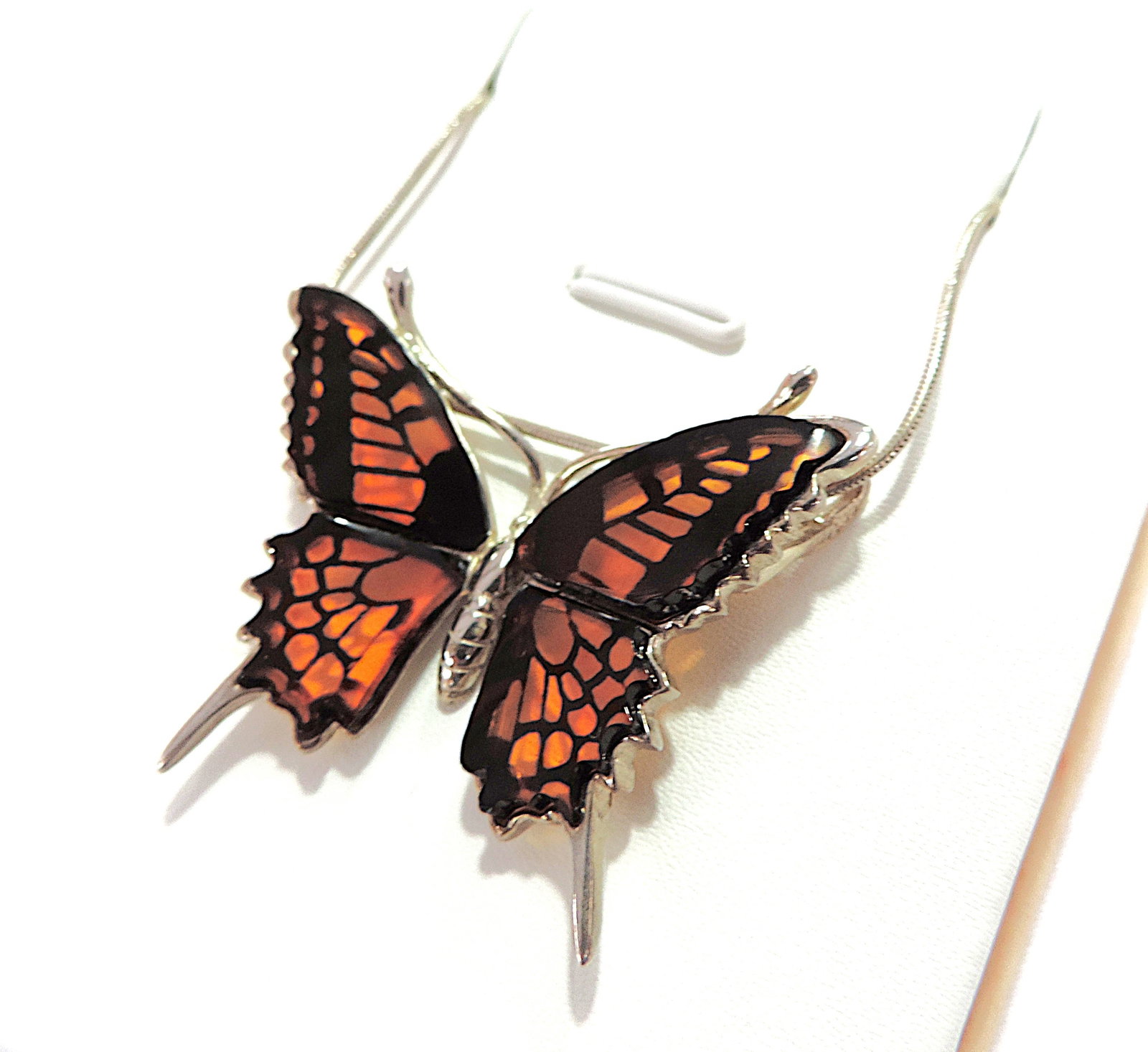 925 Silver Hand Carved Amber Butterfly Pendant Necklace - 5