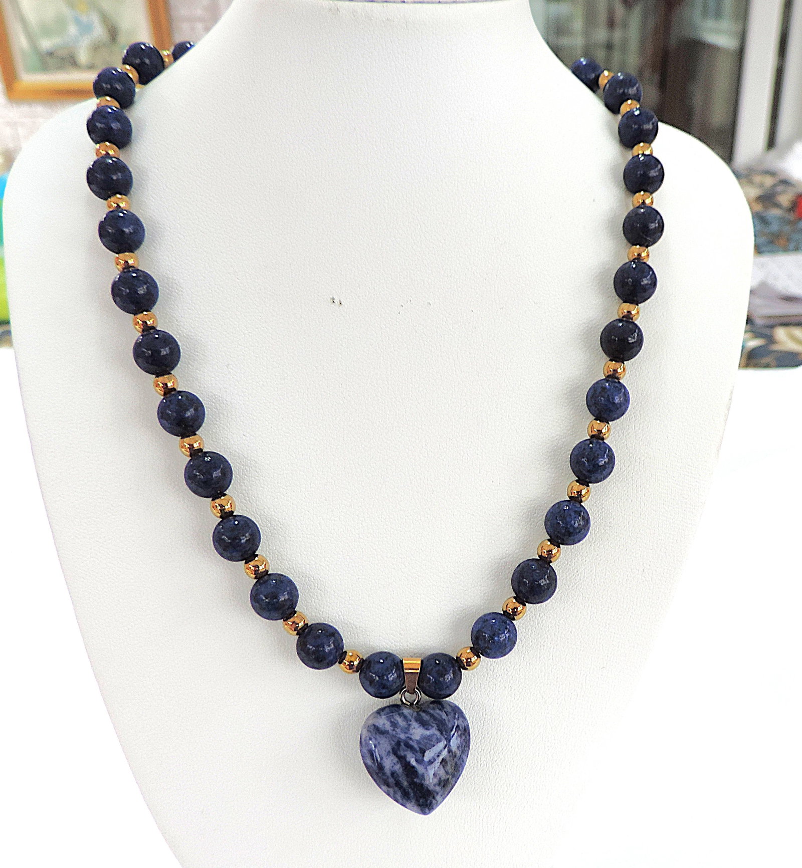 Lapis Lazuli Bead & Heart Drop Necklace - 3