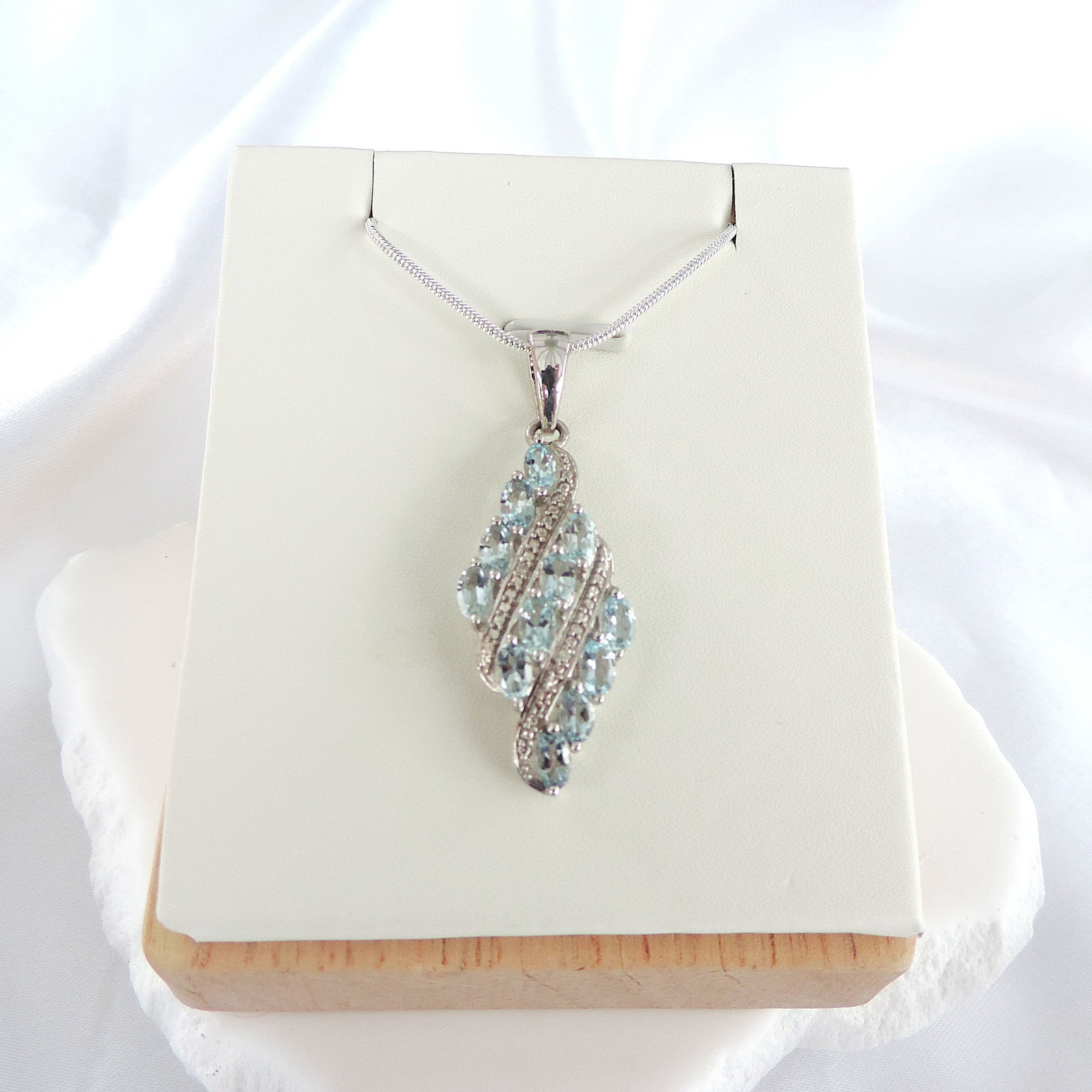Aquamarine Marine & Diamond Necklace 925 Sterling Silver 'New With Gift Pouch' - 2