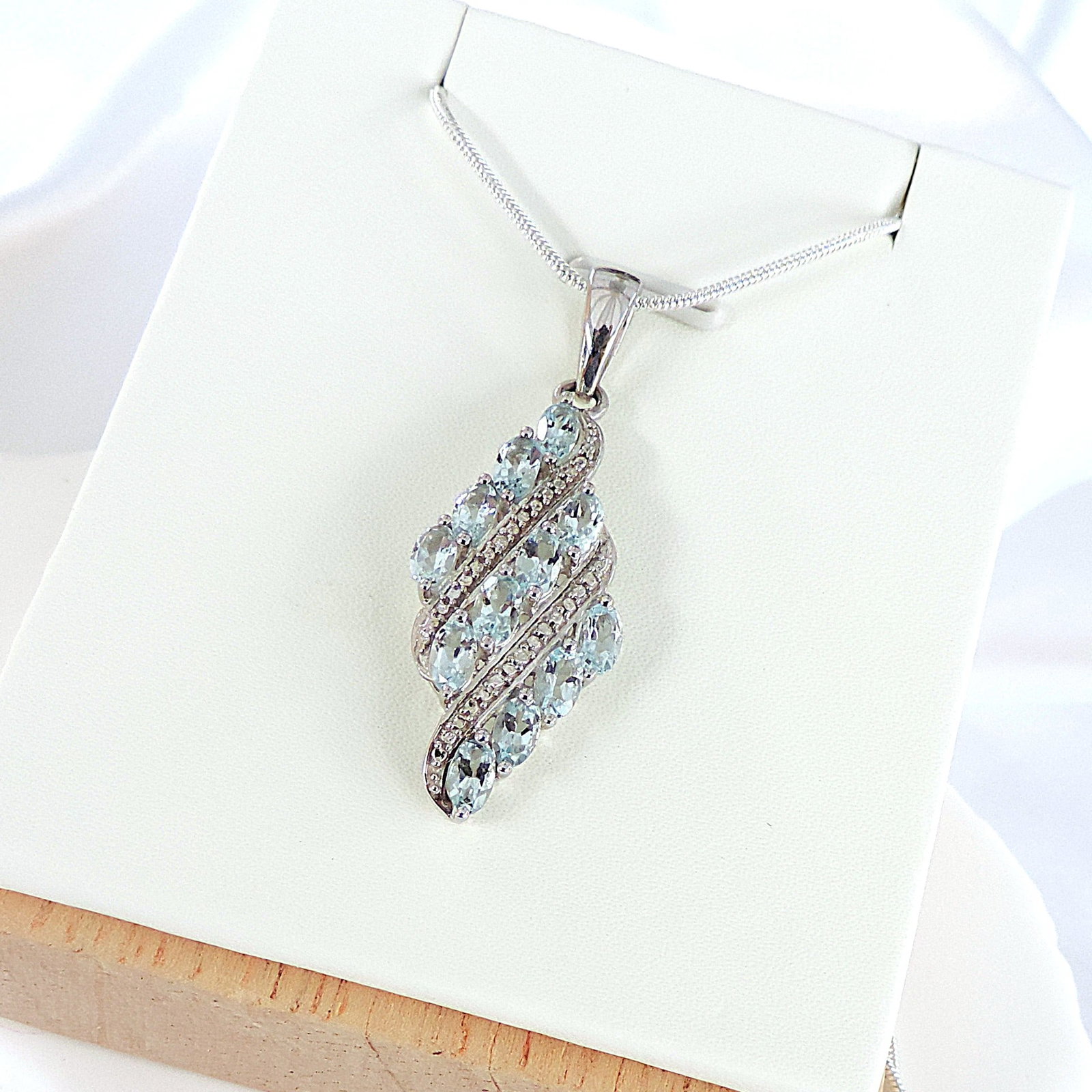 Aquamarine Marine & Diamond Necklace 925 Sterling Silver 'New With Gift Pouch' - 3
