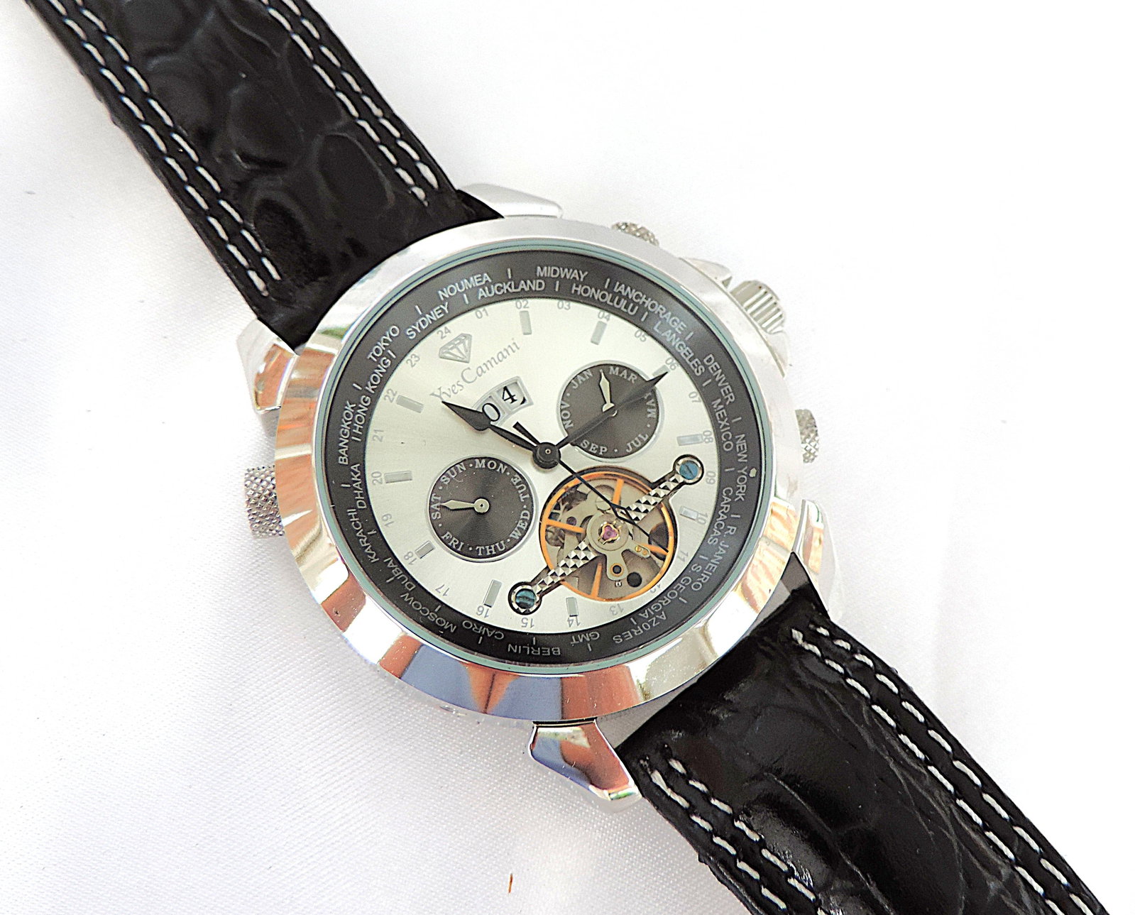 Yves Camani Automatic Watch YC1029-G World Timer Black Leather Strap 'New' - 10
