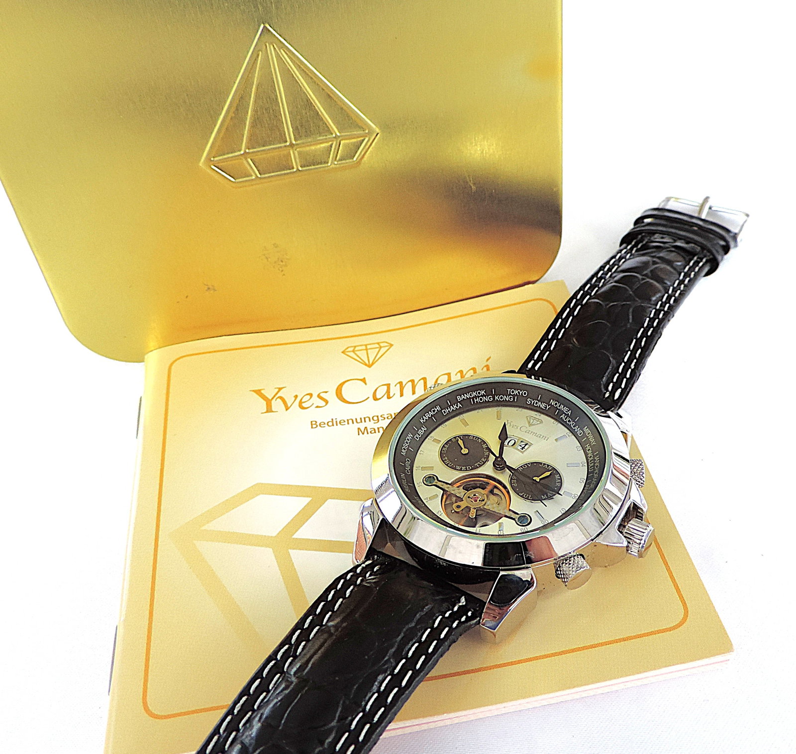 Yves Camani Automatic Watch YC1029-G World Timer Black Leather Strap 'New' - 14