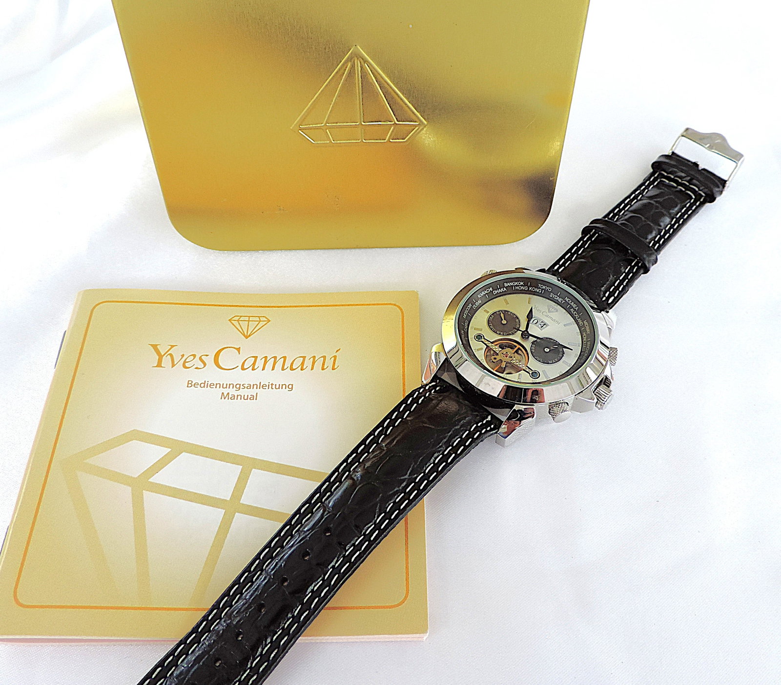 Yves Camani Automatic Watch YC1029-G World Timer Black Leather Strap 'New' - 2