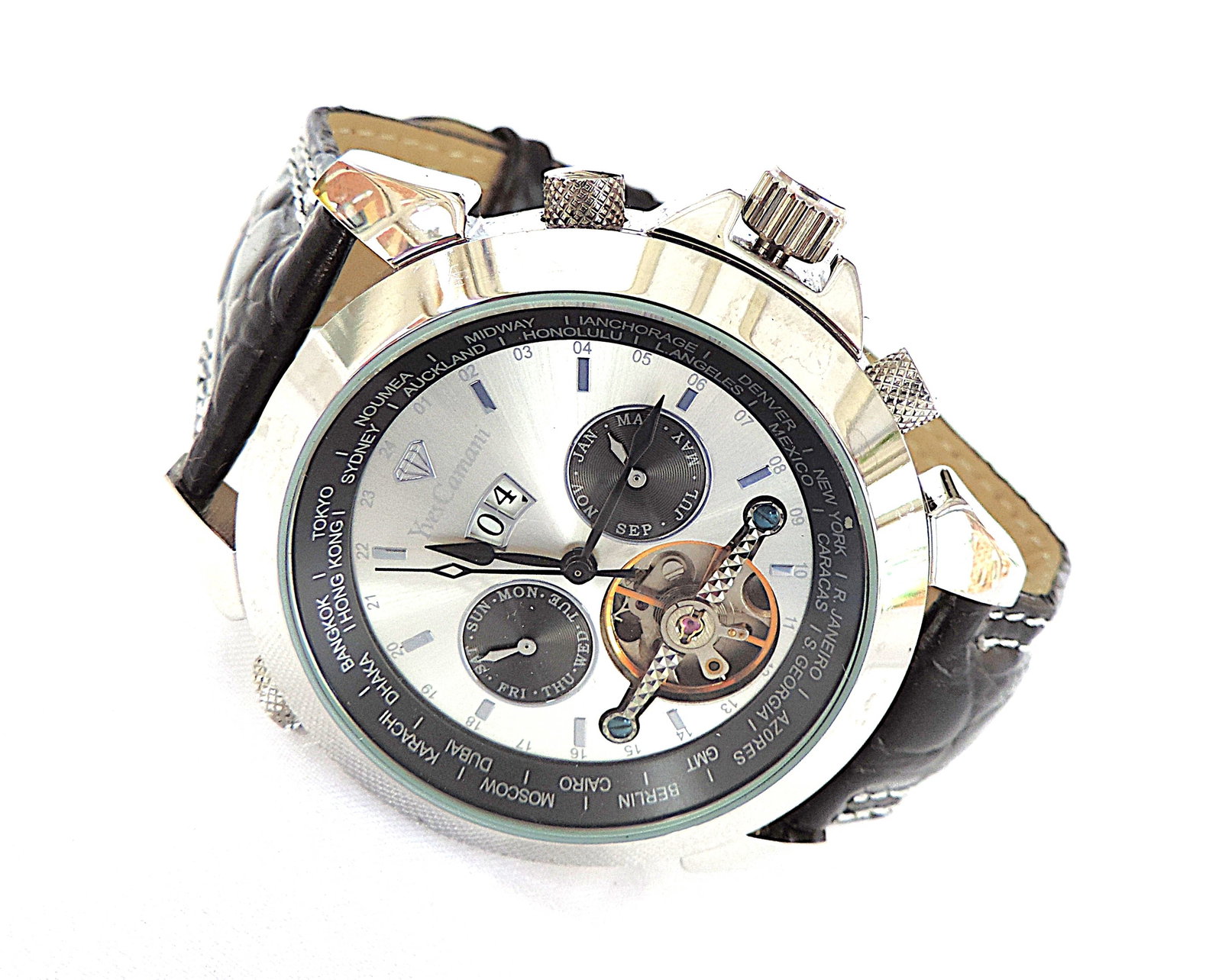 Yves Camani Automatic Watch YC1029-G World Timer Black Leather Strap 'New' - 3