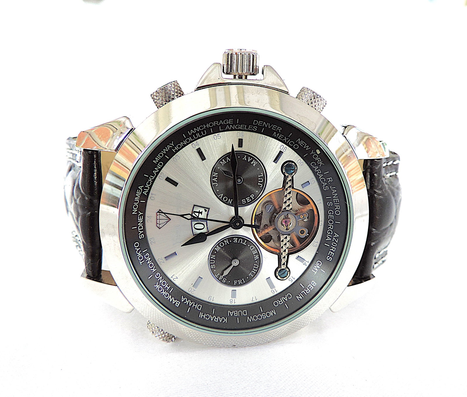 Yves Camani Automatic Watch YC1029-G World Timer Black Leather Strap 'New' - 4