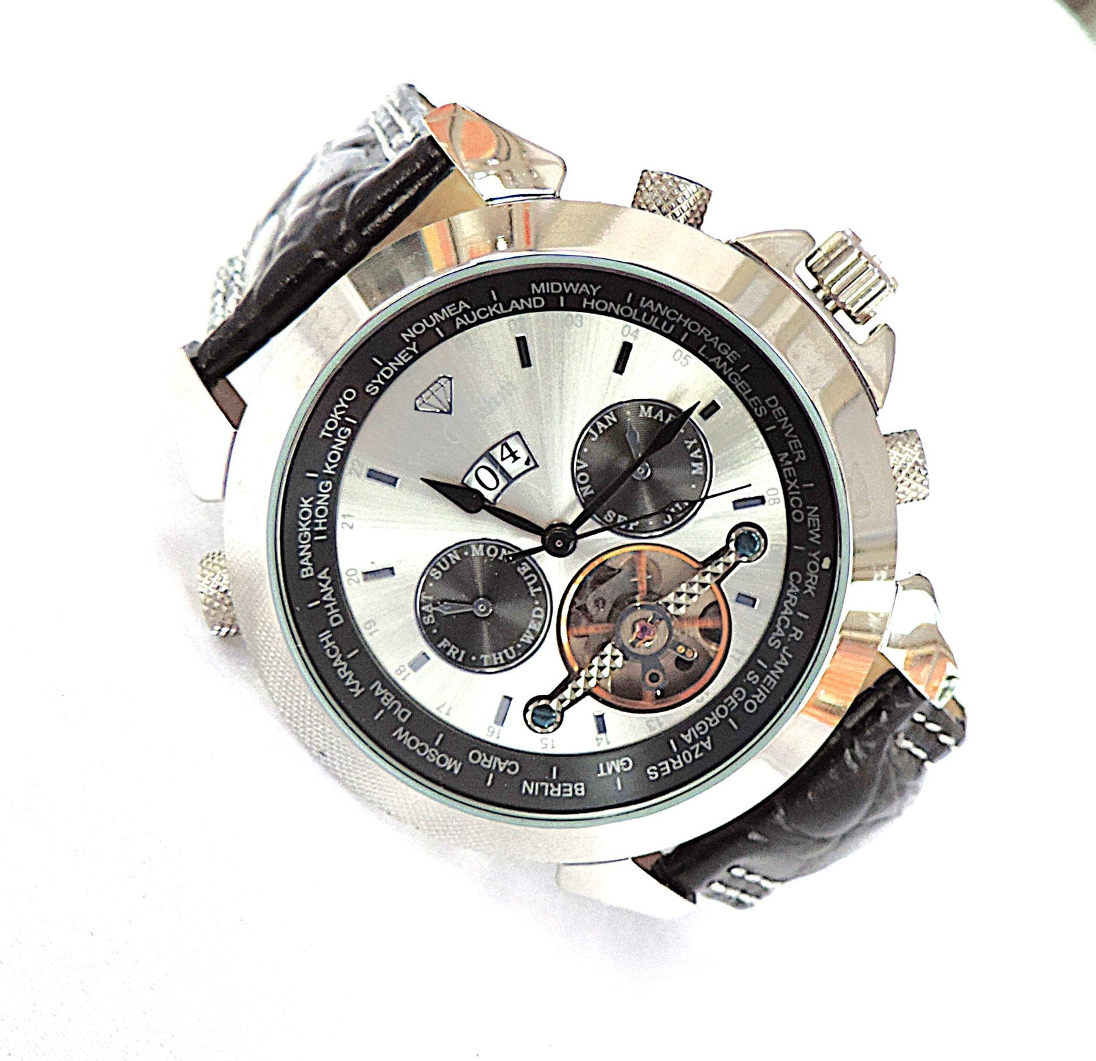 Yves Camani Automatic Watch YC1029-G World Timer Black Leather Strap 'New' - 6