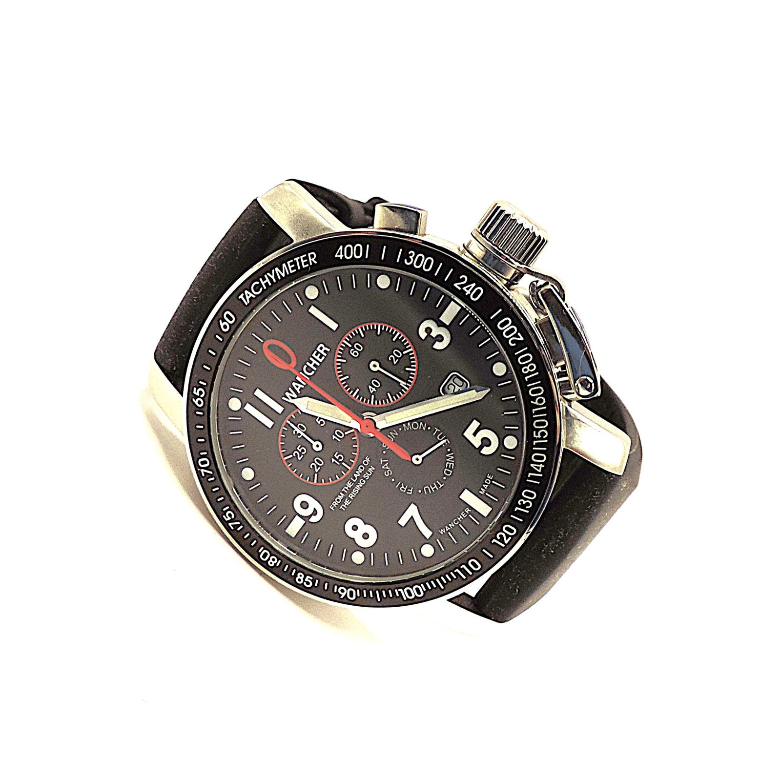 Wancher Quartz Chronograph Watch - New: Title: Wancher Quartz Chronograph Watch - New Description: New gents WANCHER stainless steel quartz movement chronograph watch. Model number:8813-SA2718/383/500. Black dial, cas
