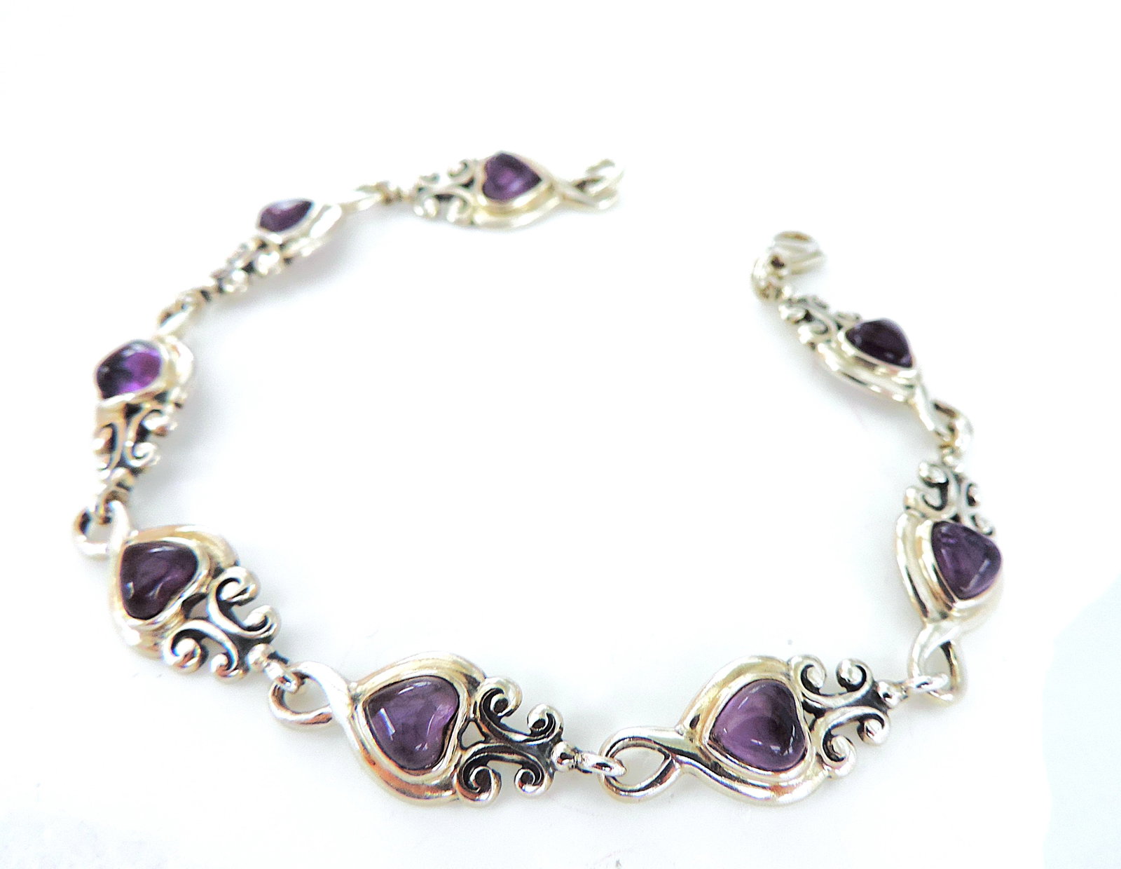 Antique Art Nouveau 925 Sterling Silver Cabochon Heart Amethyst Bracelet - 2