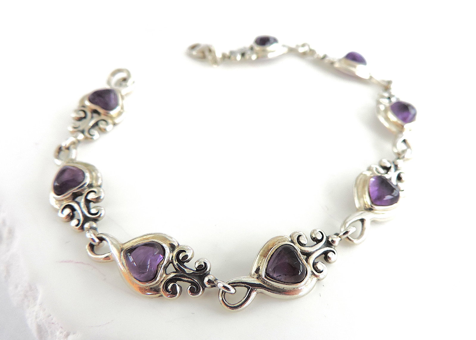 Antique Art Nouveau 925 Sterling Silver Cabochon Heart Amethyst Bracelet - 3