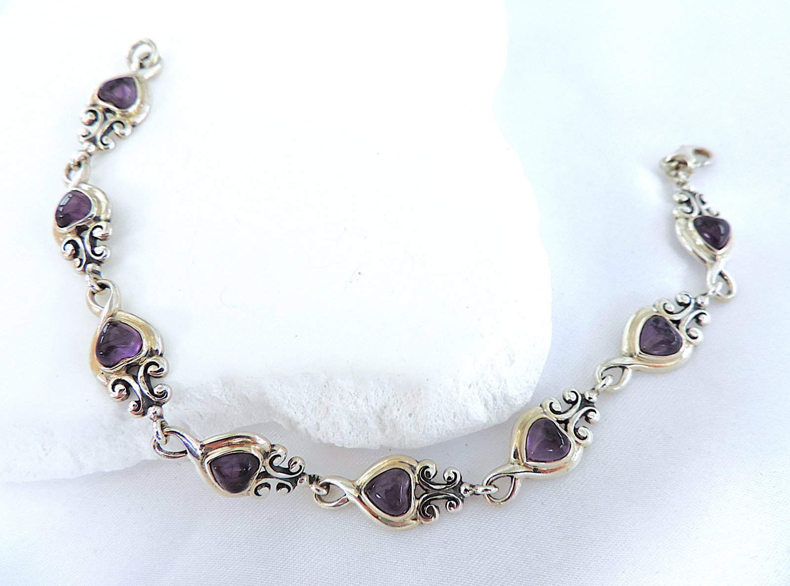 Antique Art Nouveau 925 Sterling Silver Cabochon Heart Amethyst Bracelet - 4