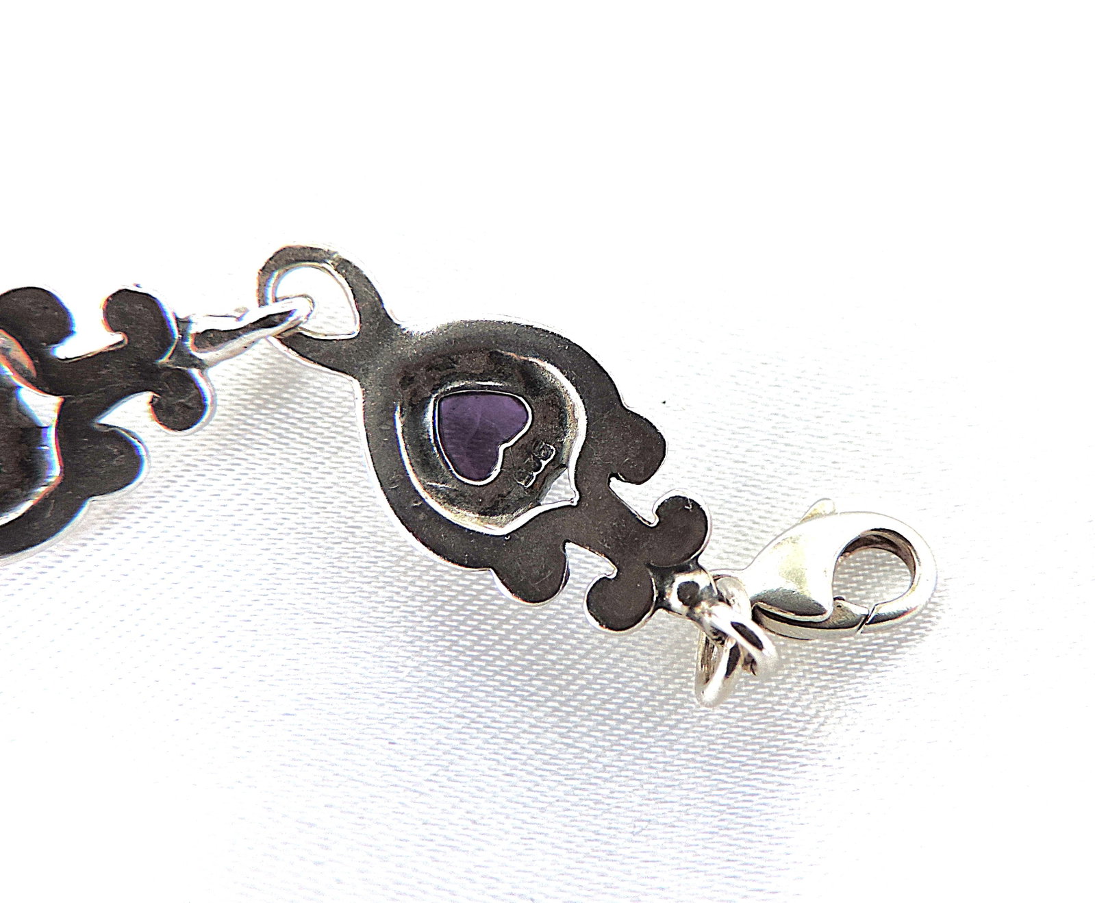 Antique Art Nouveau 925 Sterling Silver Cabochon Heart Amethyst Bracelet - 5