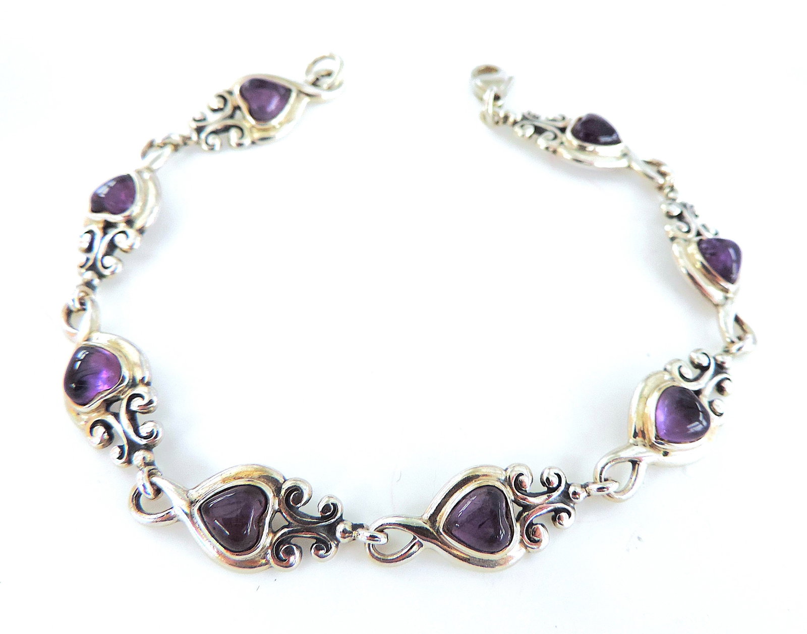 Antique Art Nouveau 925 Sterling Silver Cabochon Heart Amethyst Bracelet - 6