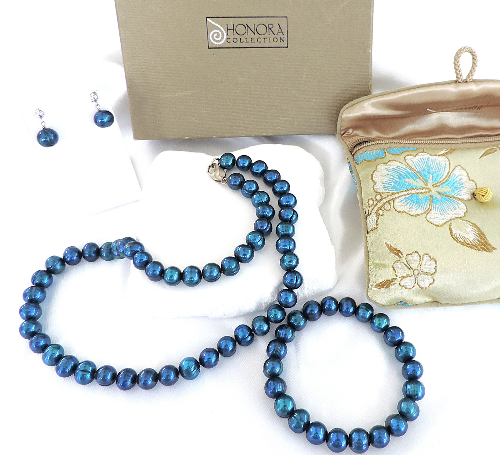 Honora 925 Silver Peacock Blue Freshwater Pearl Necklace, Bracelet & Earrings New Boxed - 2