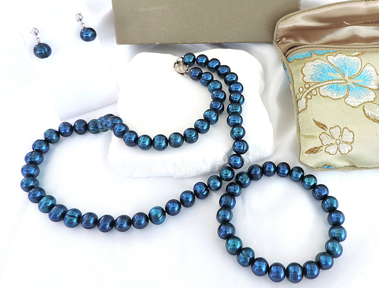 Honora 925 Silver Peacock Blue Freshwater Pearl Necklace, Bracelet & Earrings New Boxed - 3
