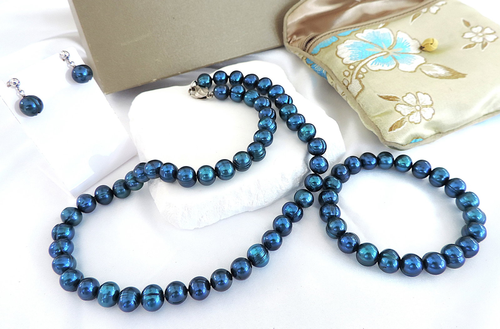 Honora 925 Silver Peacock Blue Freshwater Pearl Necklace, Bracelet & Earrings New Boxed - 4
