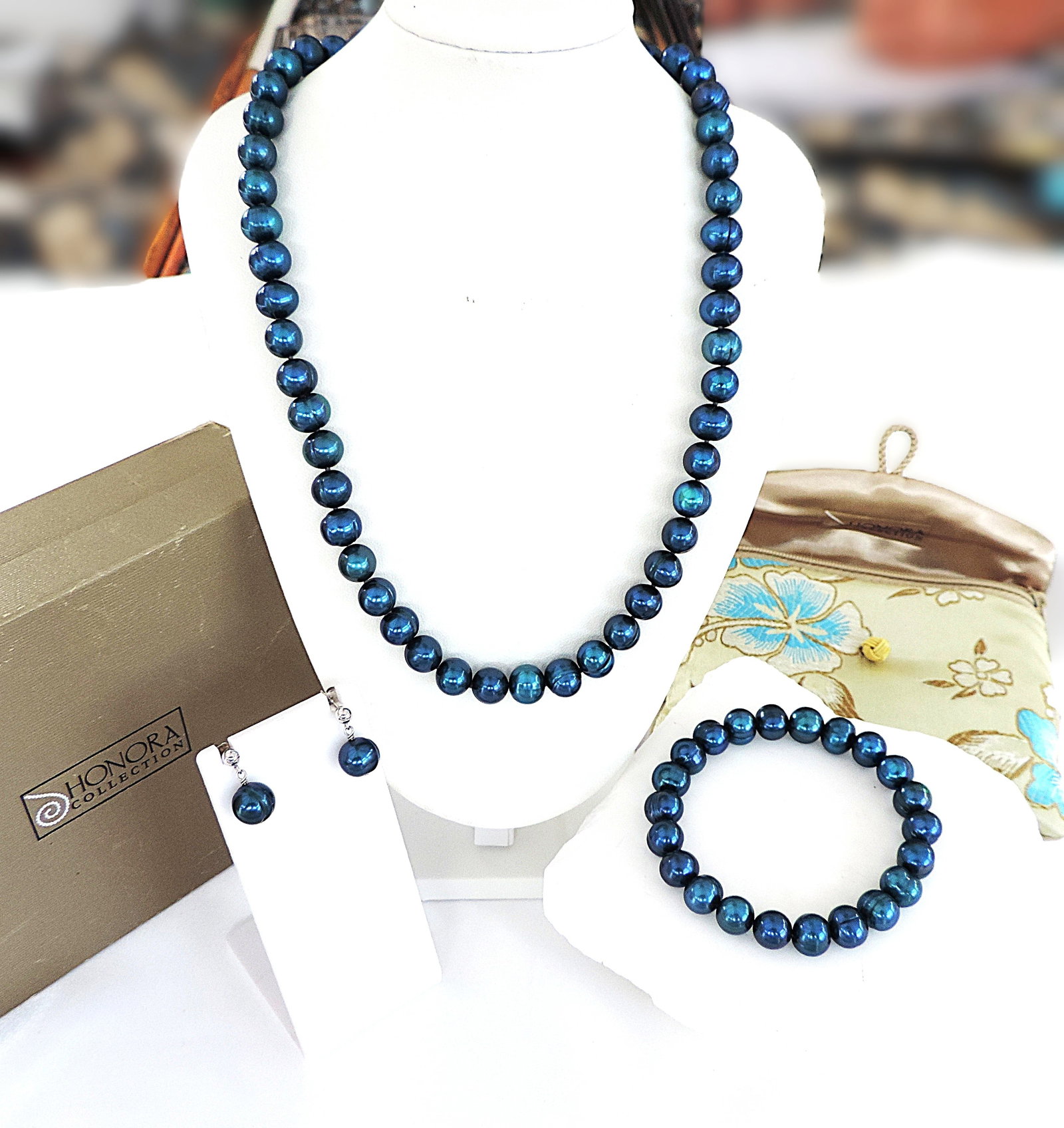 Honora 925 Silver Peacock Blue Freshwater Pearl Necklace, Bracelet & Earrings New Boxed - 7