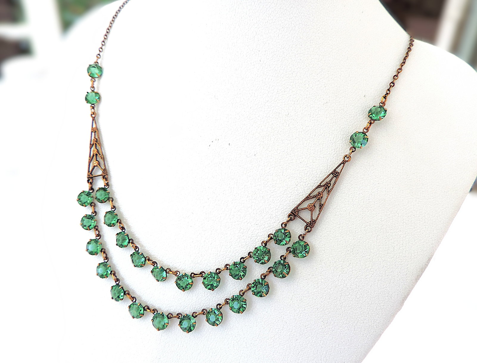 Vintage Art Deco Green Crystal Necklace Circa 1930's - 2