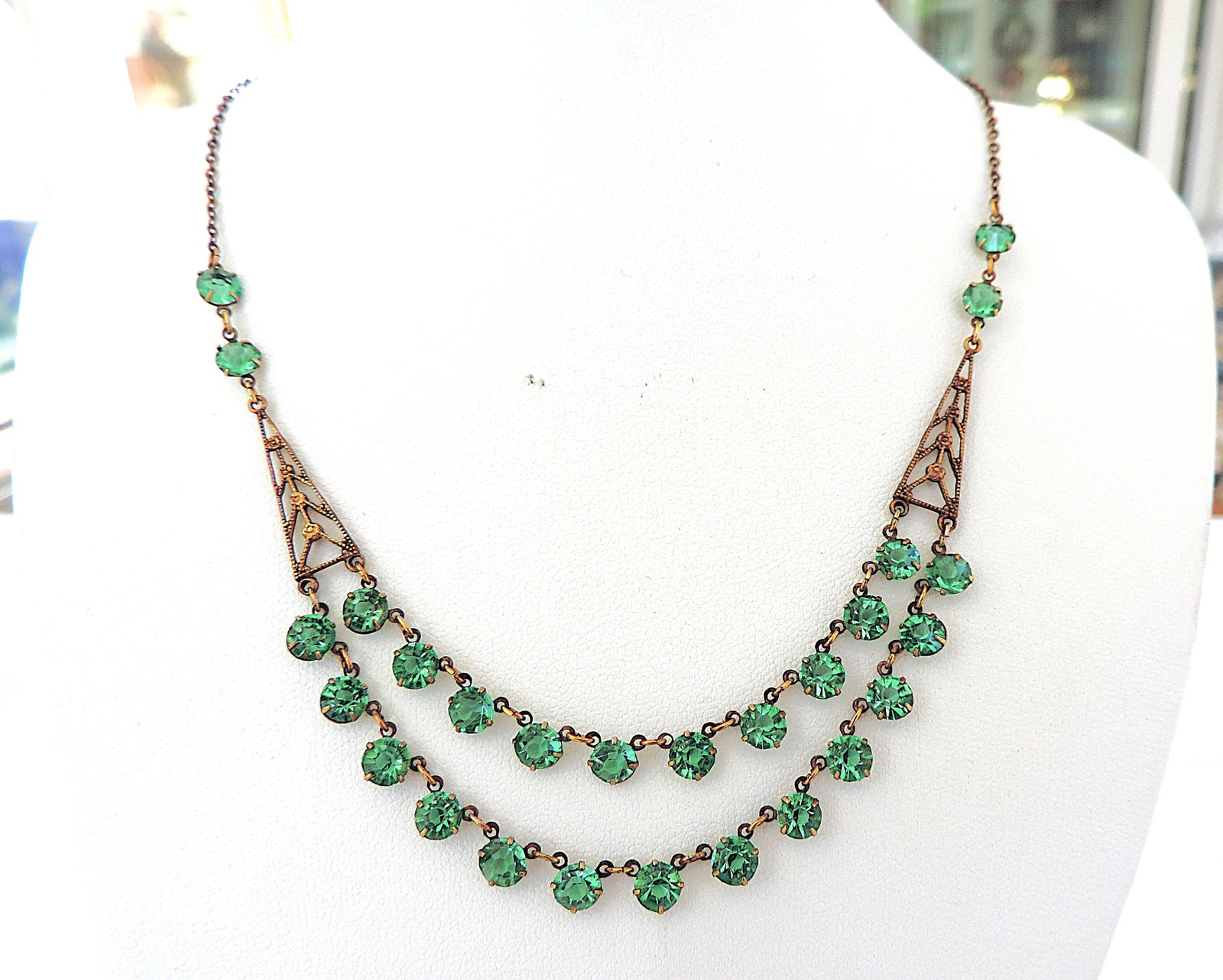 Vintage Art Deco Green Crystal Necklace Circa 1930's - 3