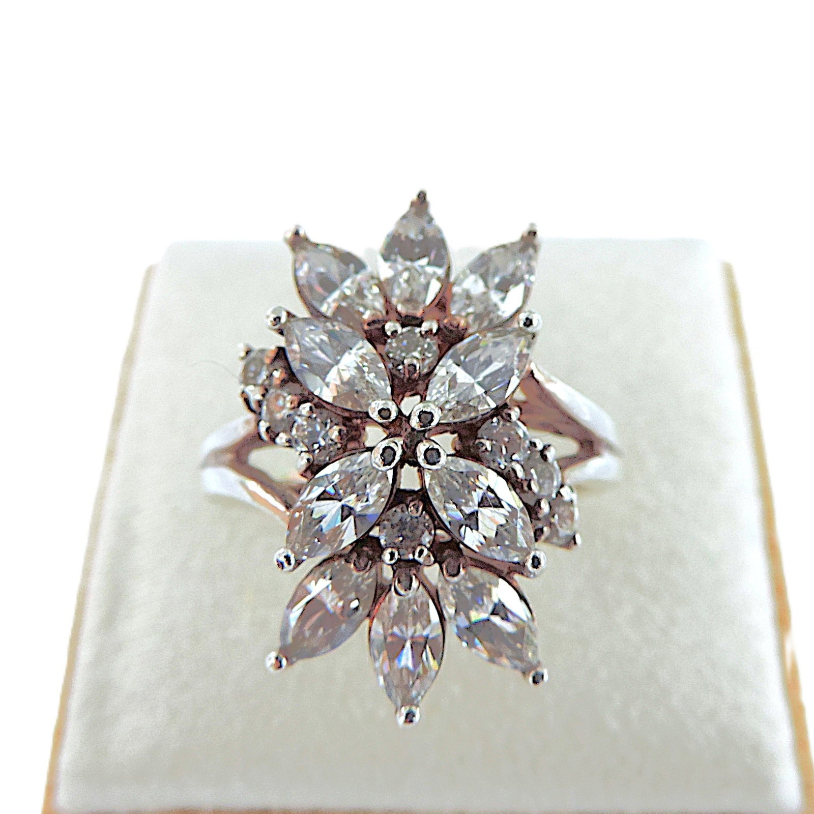 925 Silver 4.58 Carat Lab Created Diamond Ring 'New': Title: 925 Silver 4.58 Carat Lab Created Diamond Ring 'New' Description: A stunning ring in 925 sterling silver set with 10 x 6x3mm (TCW 4.50) marquise cut and 8x1mm (0.08 TCW) round sparkling lab