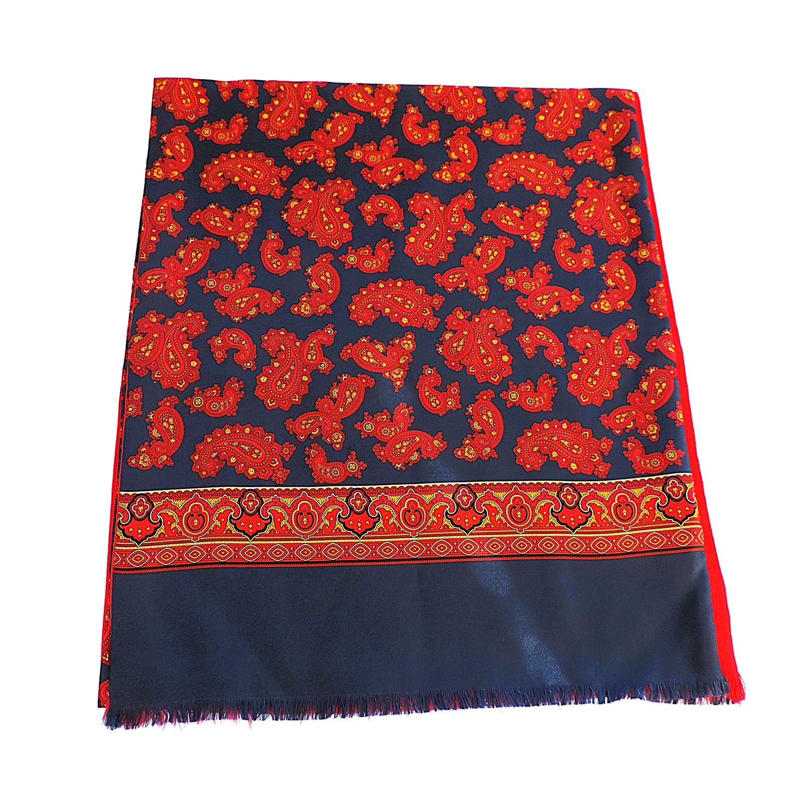 'New' Men's Made In Italy Designer Silk Scarf: Title: 'New' Men's Made In Italy Designer Silk Scarf Description: A fine quality made in Italy silk and wool scarf. Blue background paisley design with red wool backing. 40% silk 60% Wool.