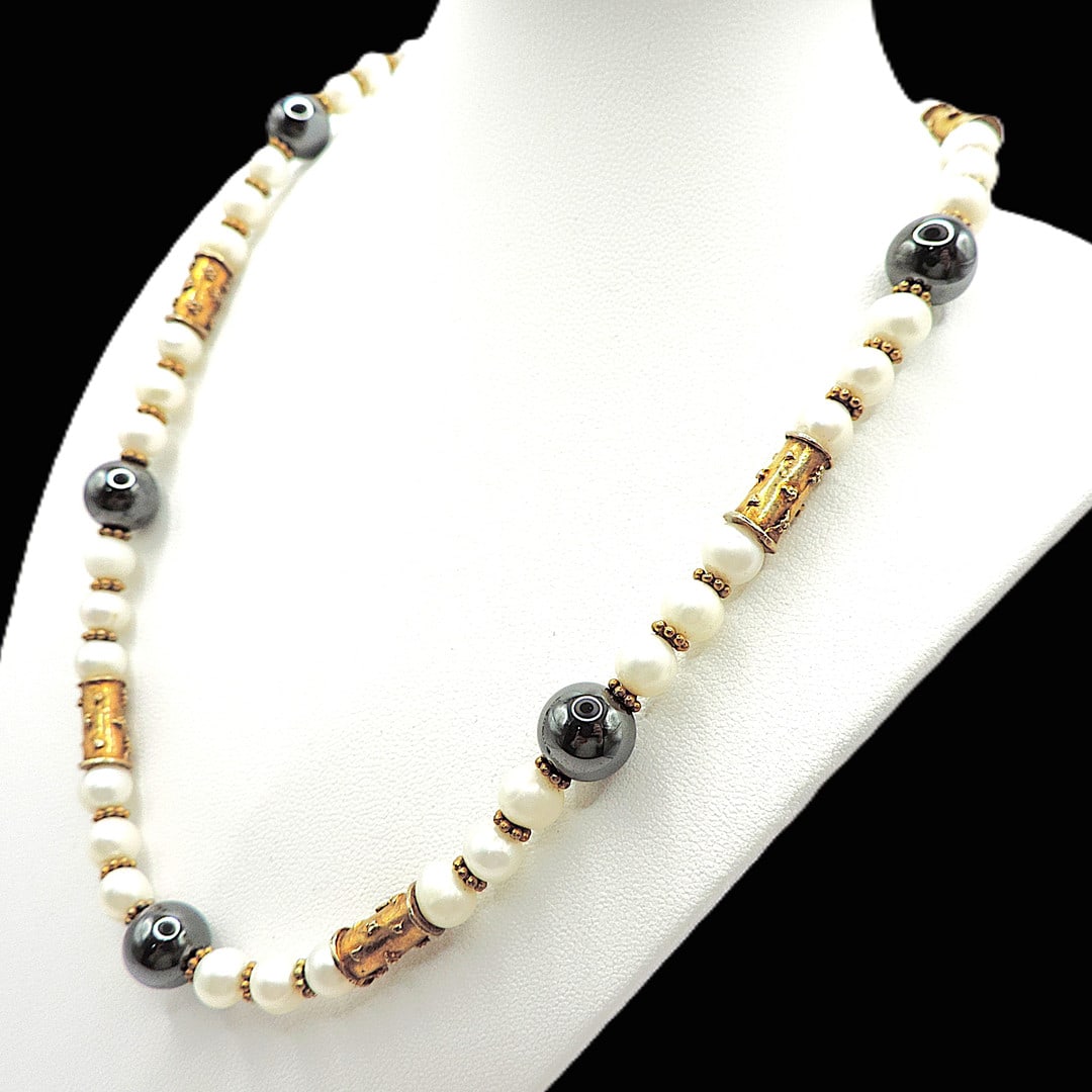Akoya Cultured Pearl Necklace Gold On Silver Beads & Clasp - 2